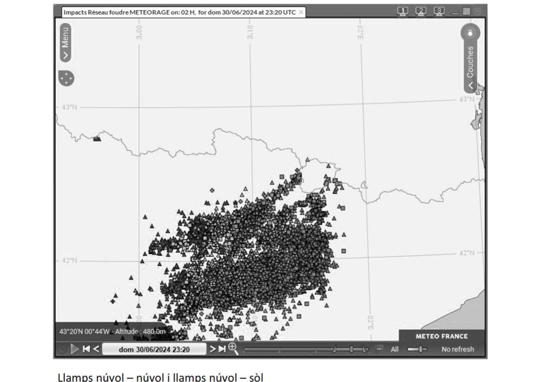 Llamps a terra i llamps entre núvols a la zona geogràfica del Pirineu. Llamps a terra i llamps entre núvols a la zona geogràfica del Pirineu.