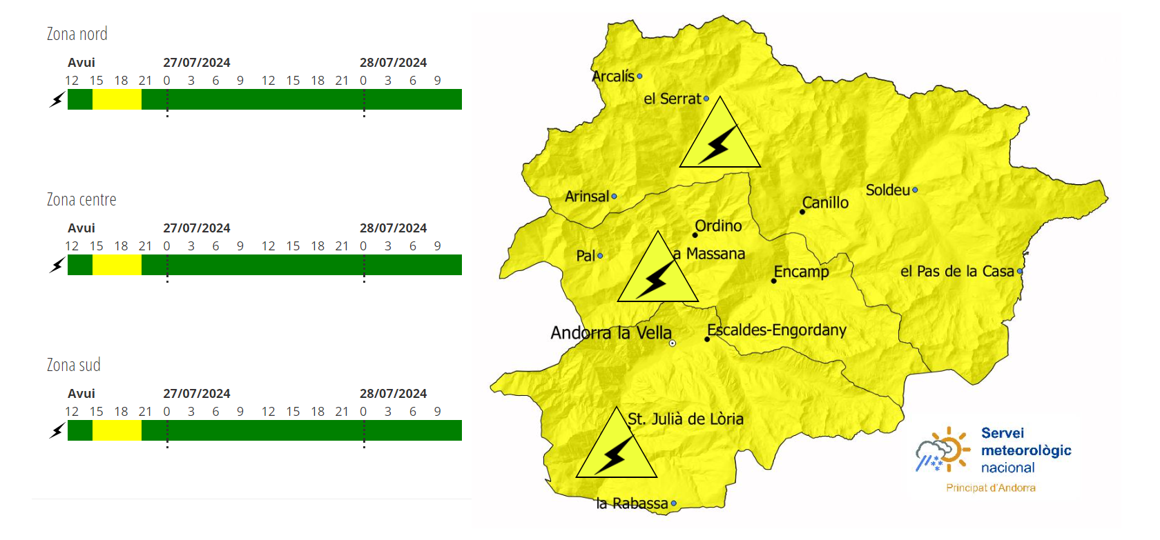 Aquest és el mapa del servei meteorològic andorrà per avui divendres 26 de juliol.