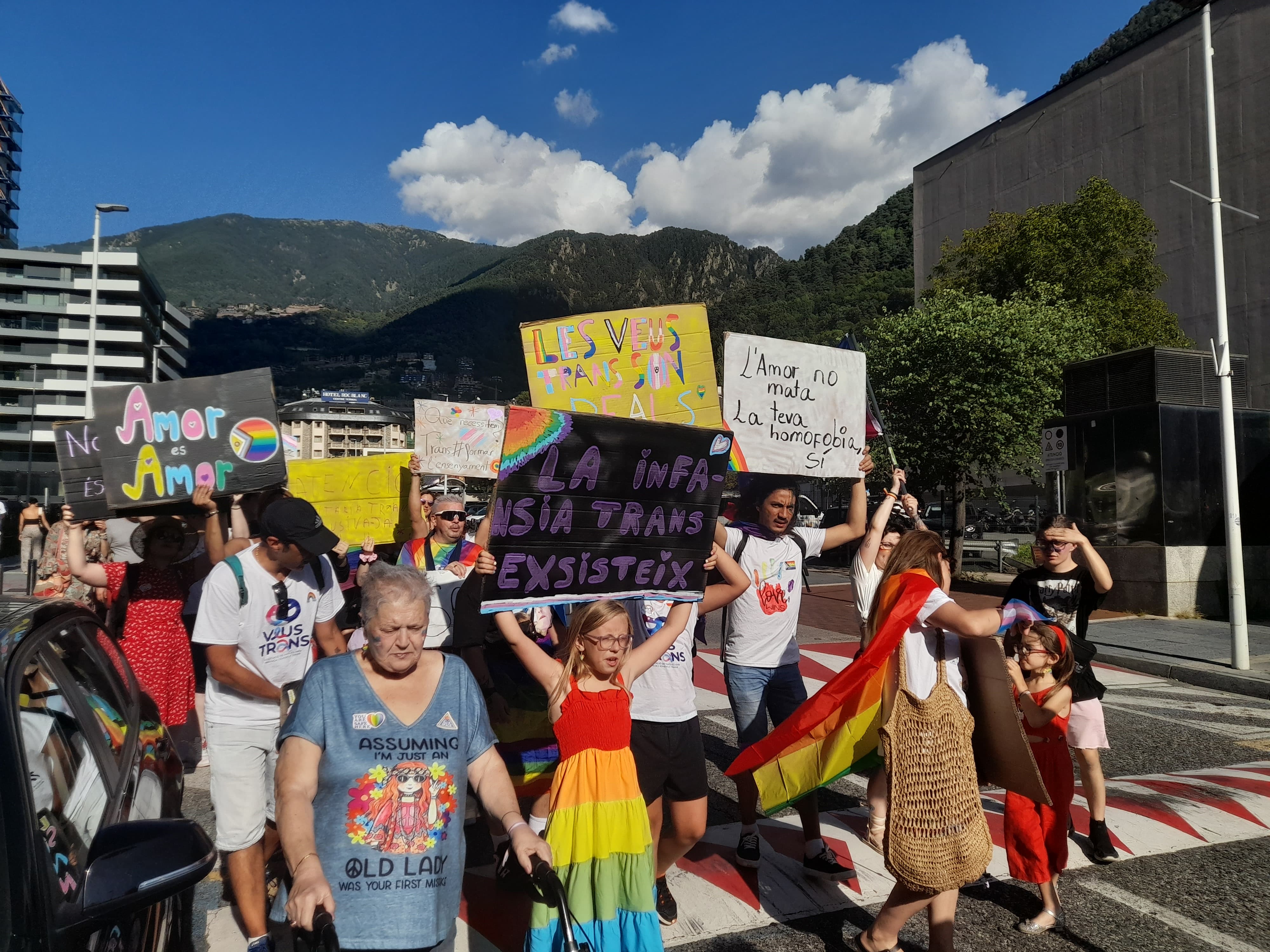 Els assistents a la marxa amb les pancartes alçades. Els assistents a la marxa amb les pancartes alçades.