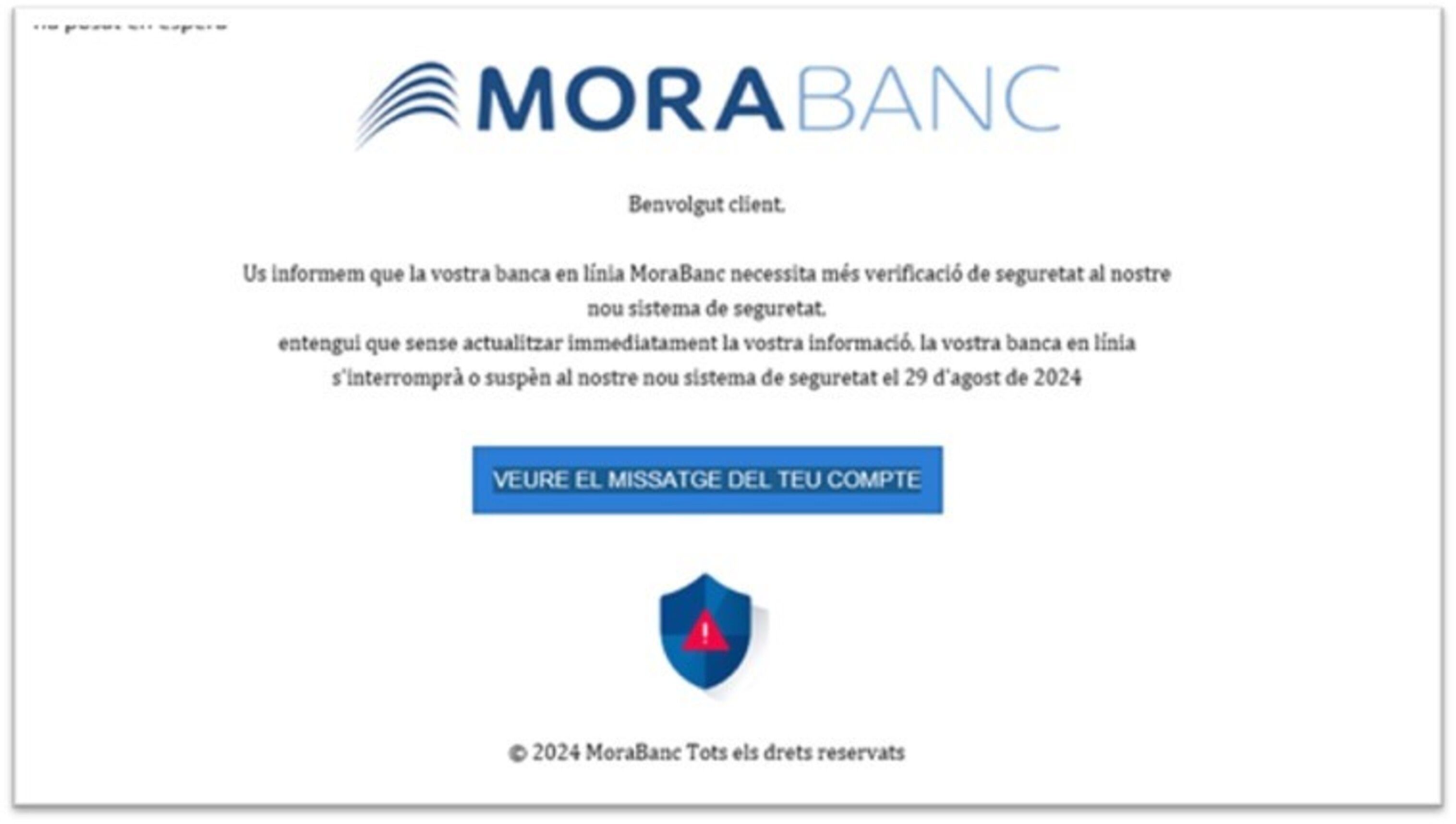 Una imatge del correu electrònic que alguns clients de MoraBanc reben.