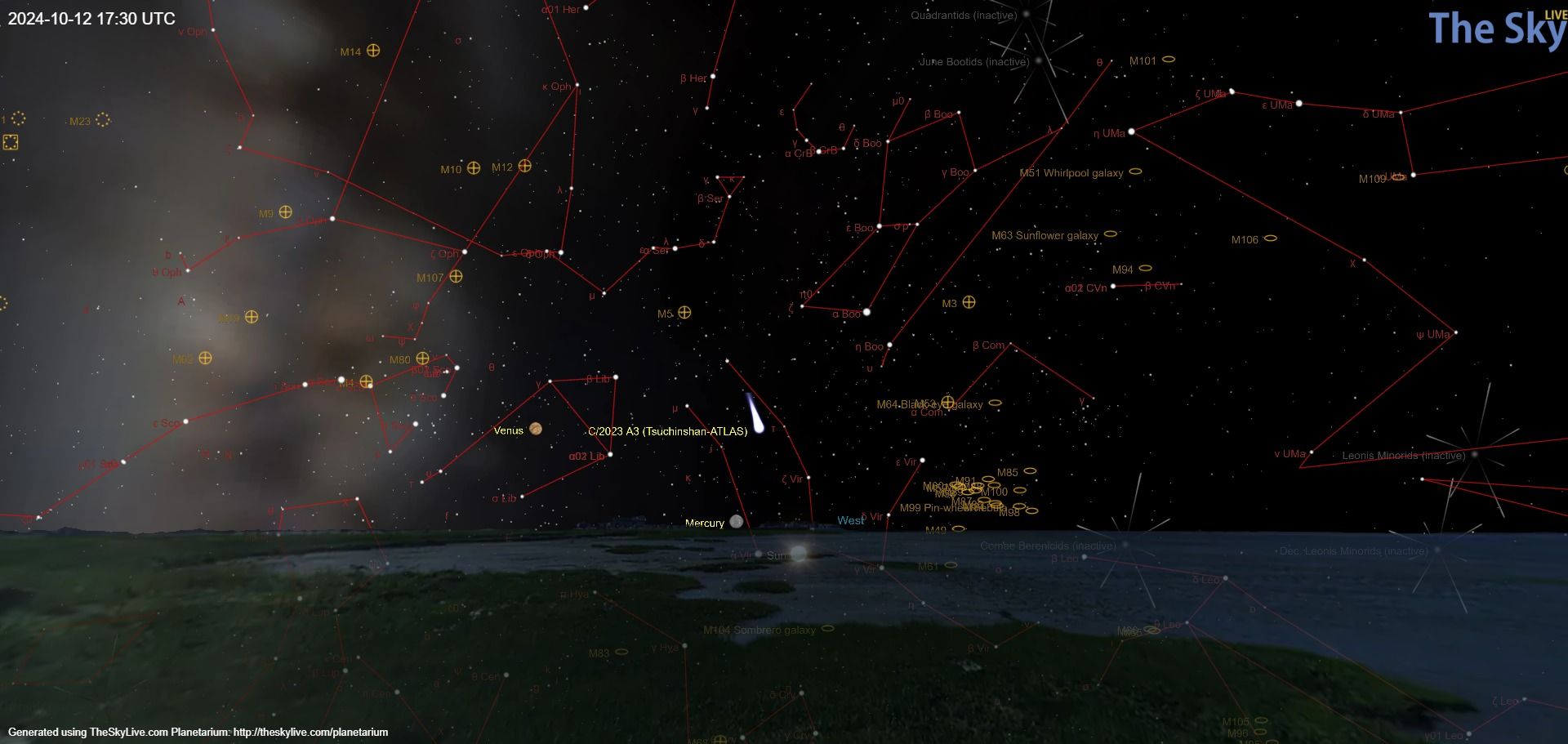 Vista virtual generada per TheSkyLive.com del cel del 12 d'octubre a les 19h30 vist des d'Andorra, amb a la posició del cometa C/2023 A3 La portaveu del Sindicat, Rebeca Bonache.