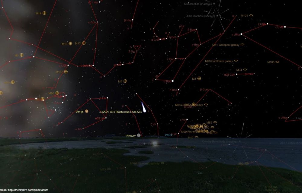 Vista virtual generada per TheSkyLive.com del cel del 12 d'octubre a les 19h30 vist des d'Andorra, amb a la posició del cometa C/2023 A3
