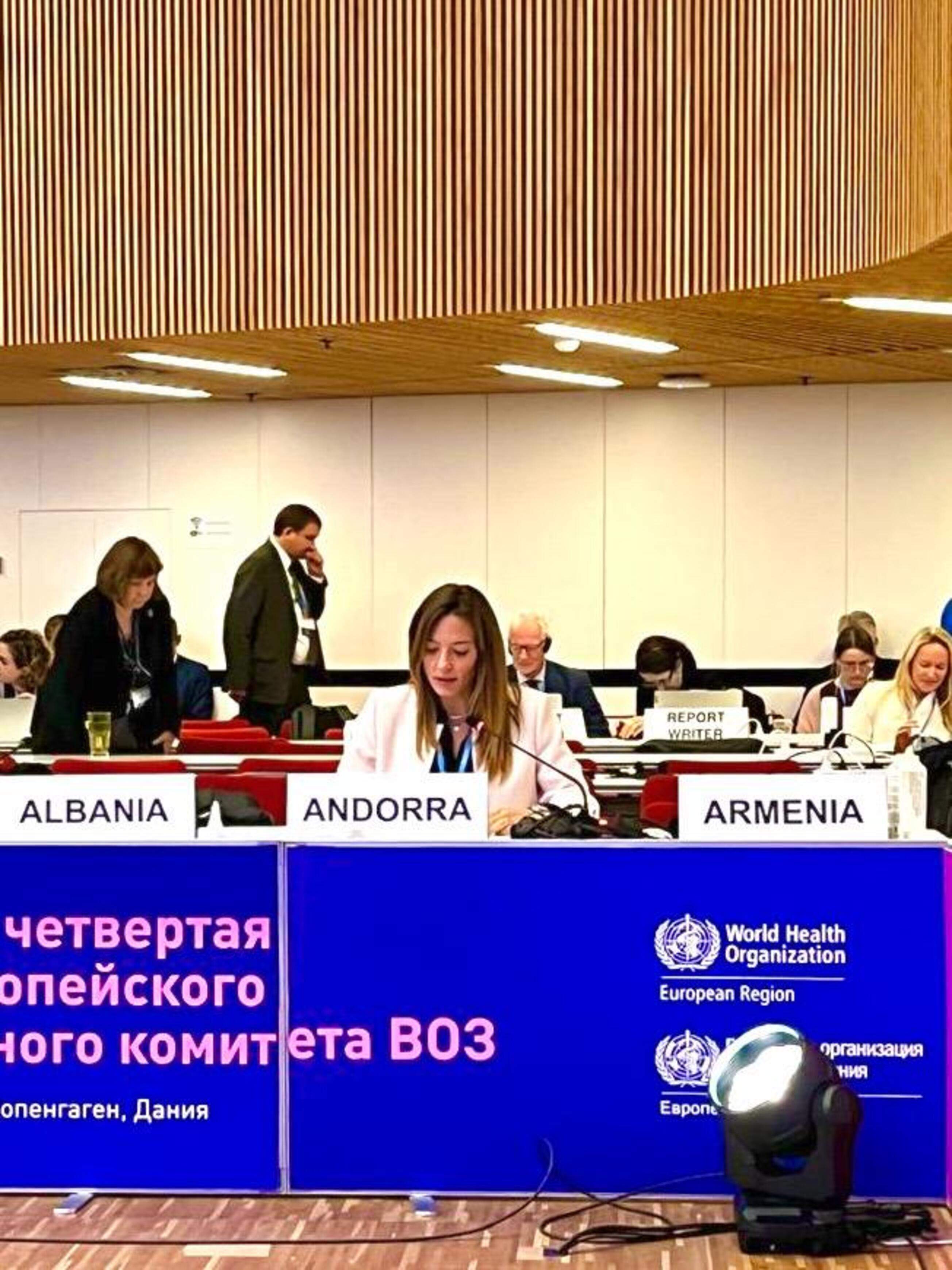 Helena Mas durant la seva intervenció en el comitè regional de l'OMS.