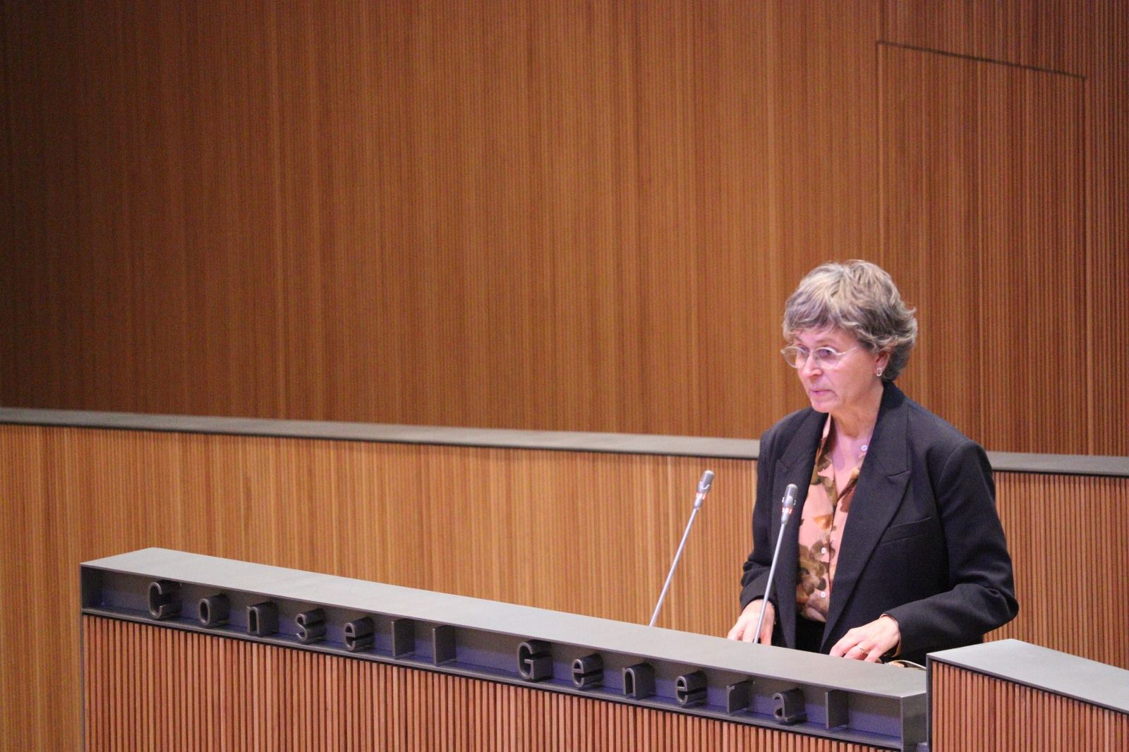 La consellera socialdemòcrata Susanna Vela dirigint-se a l'hemicicle.