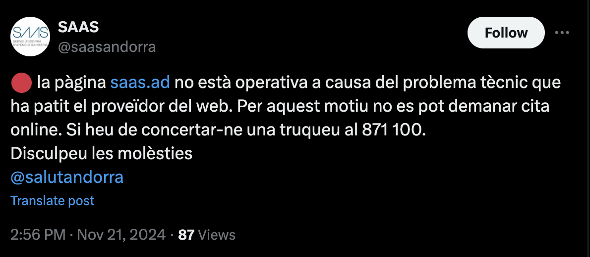 La piulada que ha fet el SAAS anunciant la incidència. La piulada que ha fet el SAAS anunciant la incidència.