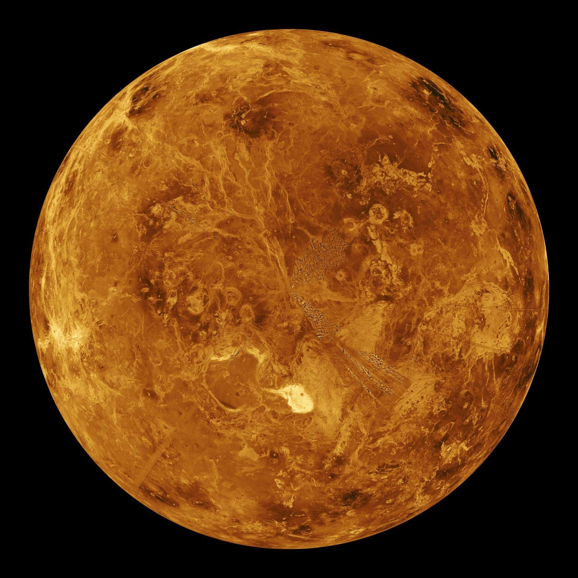 L'hemisferi nord de Venus reconstruït a partir de les dades de radar de la sonda Magellan - Crèdit: NASA/JPL La portaveu del Sindicat, Rebeca Bonache.