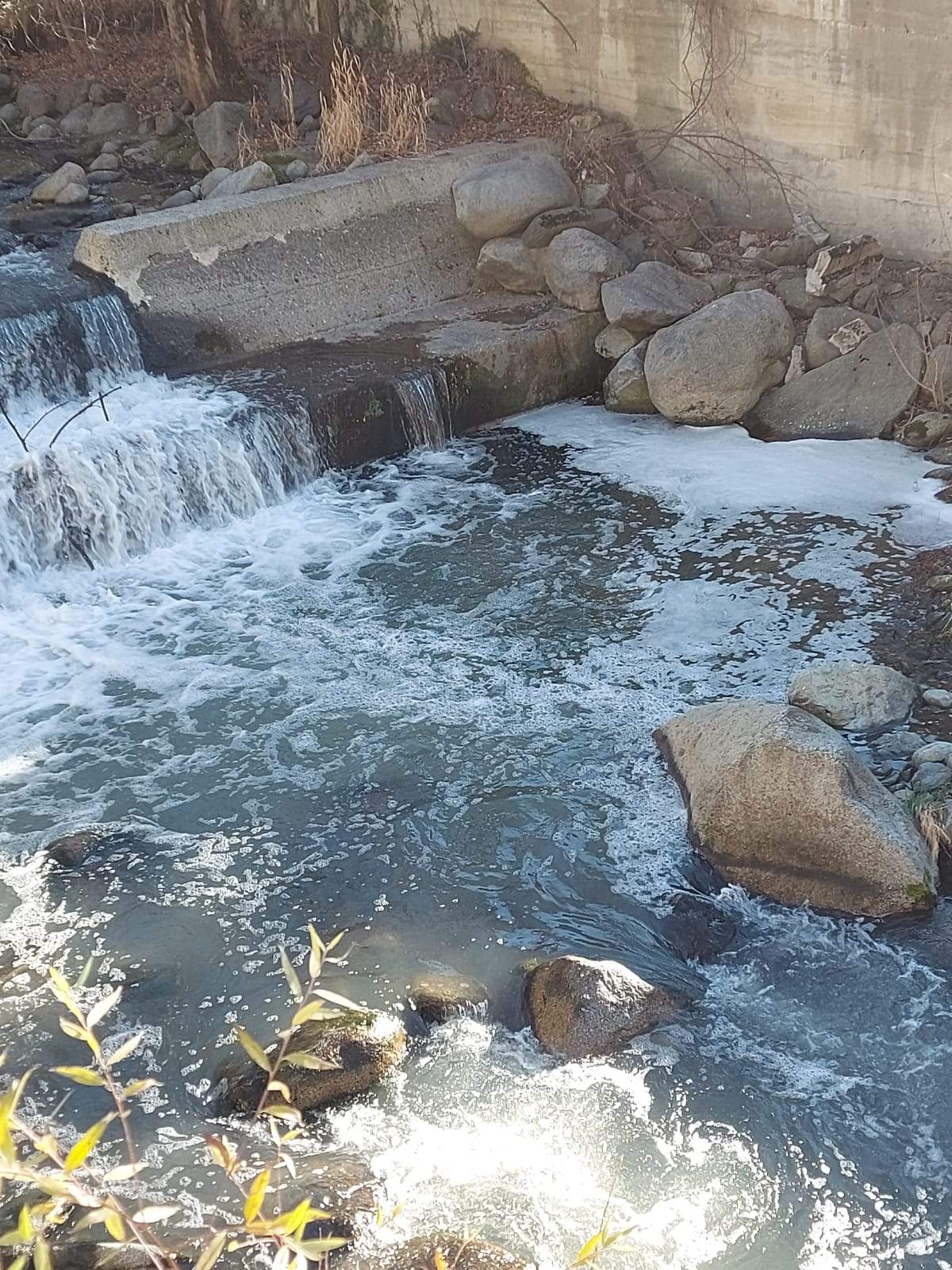 Escuma al riu Valira d'Orient al seu pas per Encamp.