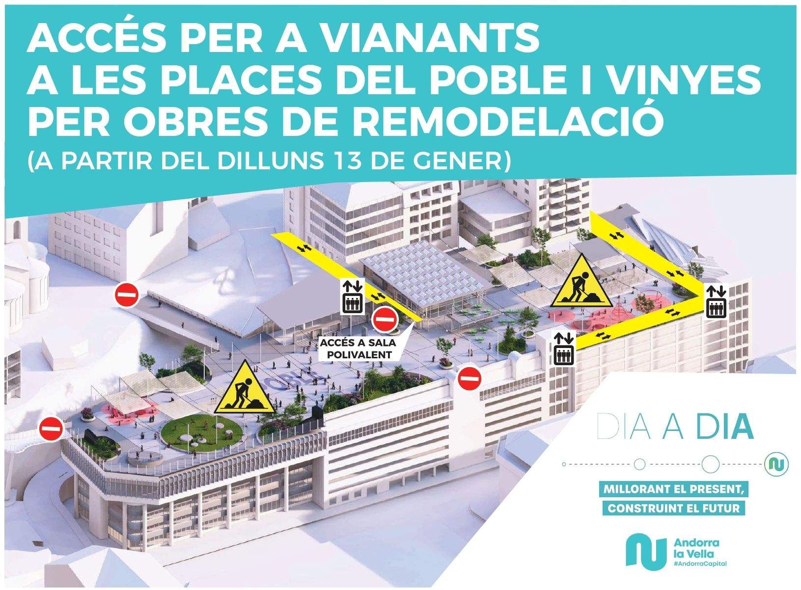 Imatge projectada de com serà la plaça del Poble, amb les diverses afectacions per les obres. 