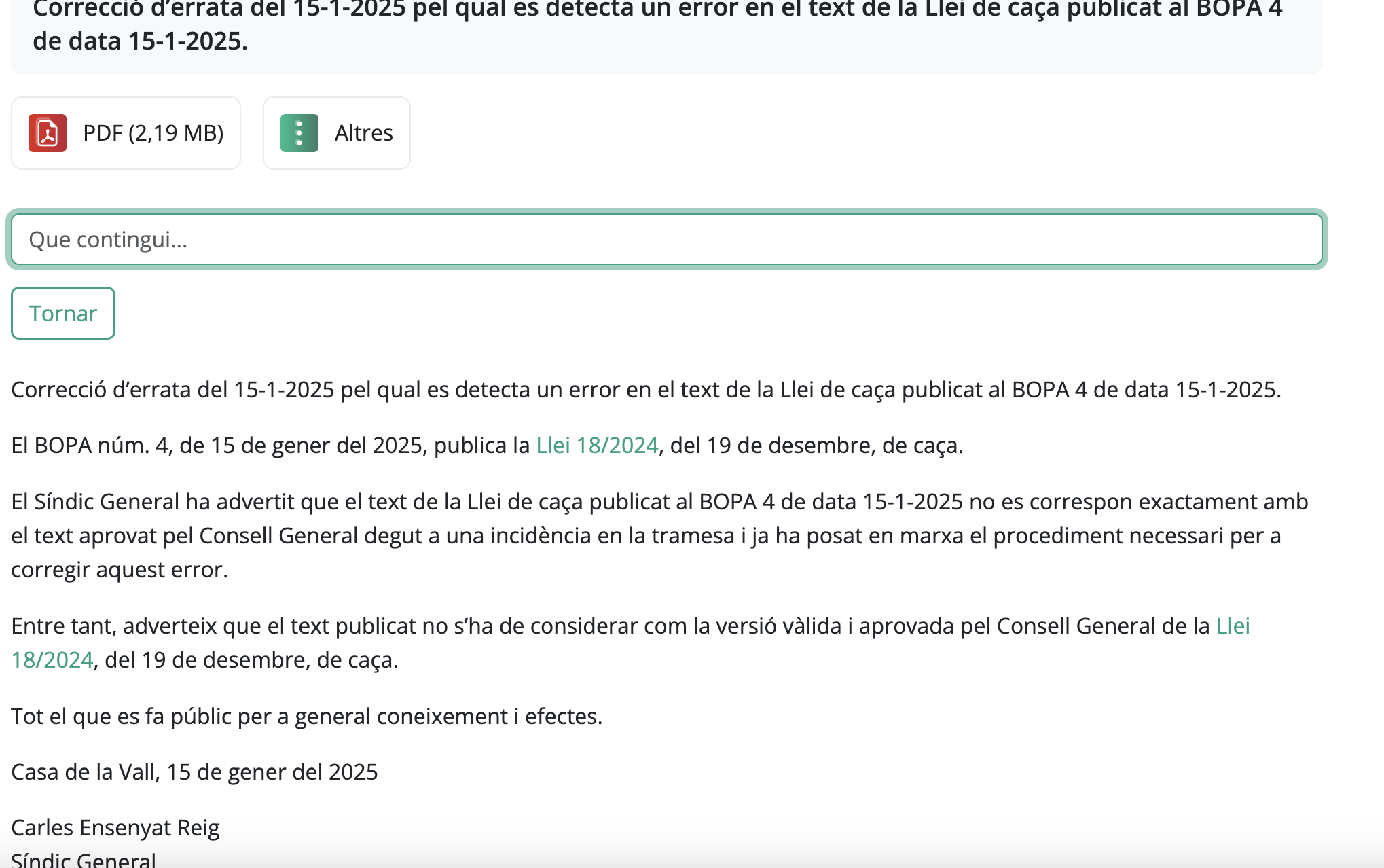 L'edicte de correció publicar al BOPA.