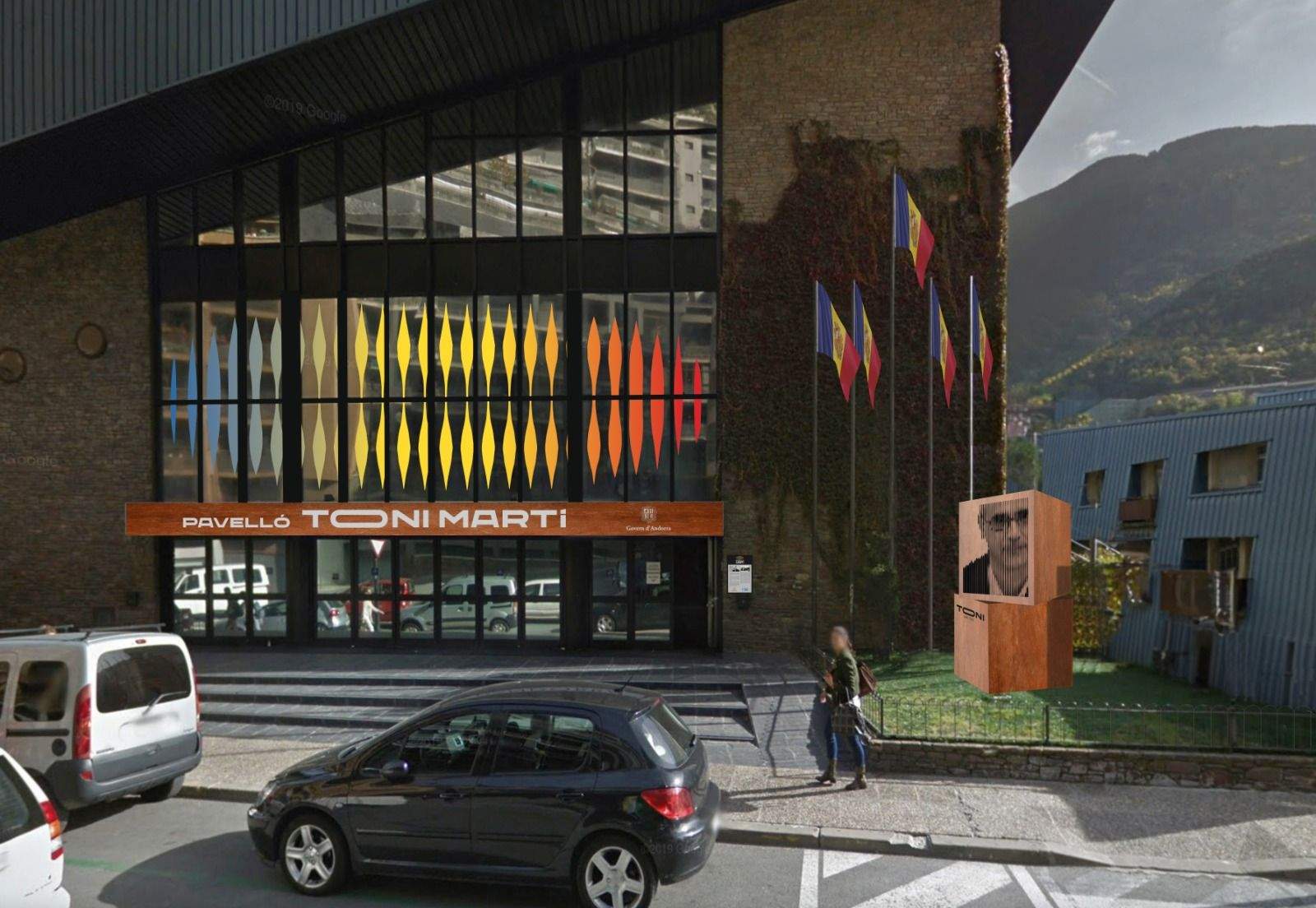 Una vista, encara llavors simulada, de la façana del pavelló.