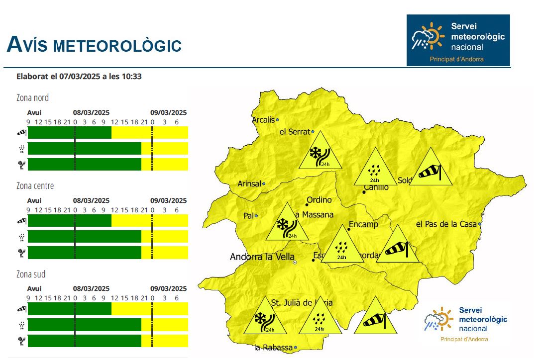 Mapa de les zones del servei meteorològic andorrà pel cap de setmana del 8 i 9 de març.