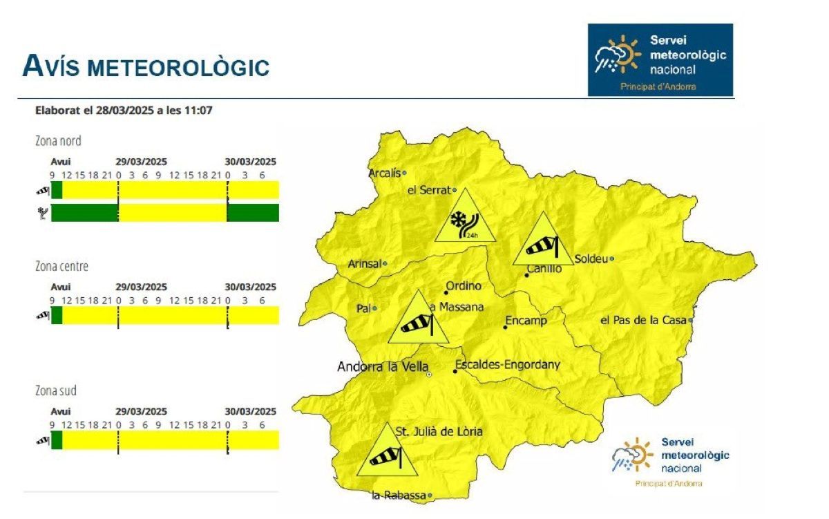 Mapa de l'avís meteorològic del Principat d'Andorra a dia 28 de març.