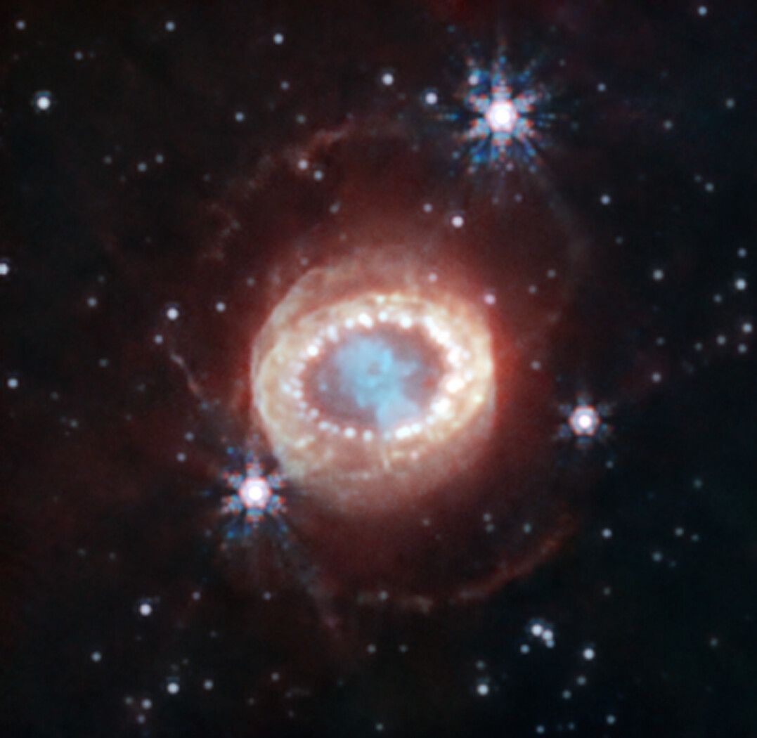 La supernova SN1987A vista pel telescopi James Webb. Aquesta supernova va produir molt dels elements químics més lleugers però pocs elements pesats com l'or - Crèdit: NASA, ESA i CSA La portaveu del Sindicat, Rebeca Bonache.