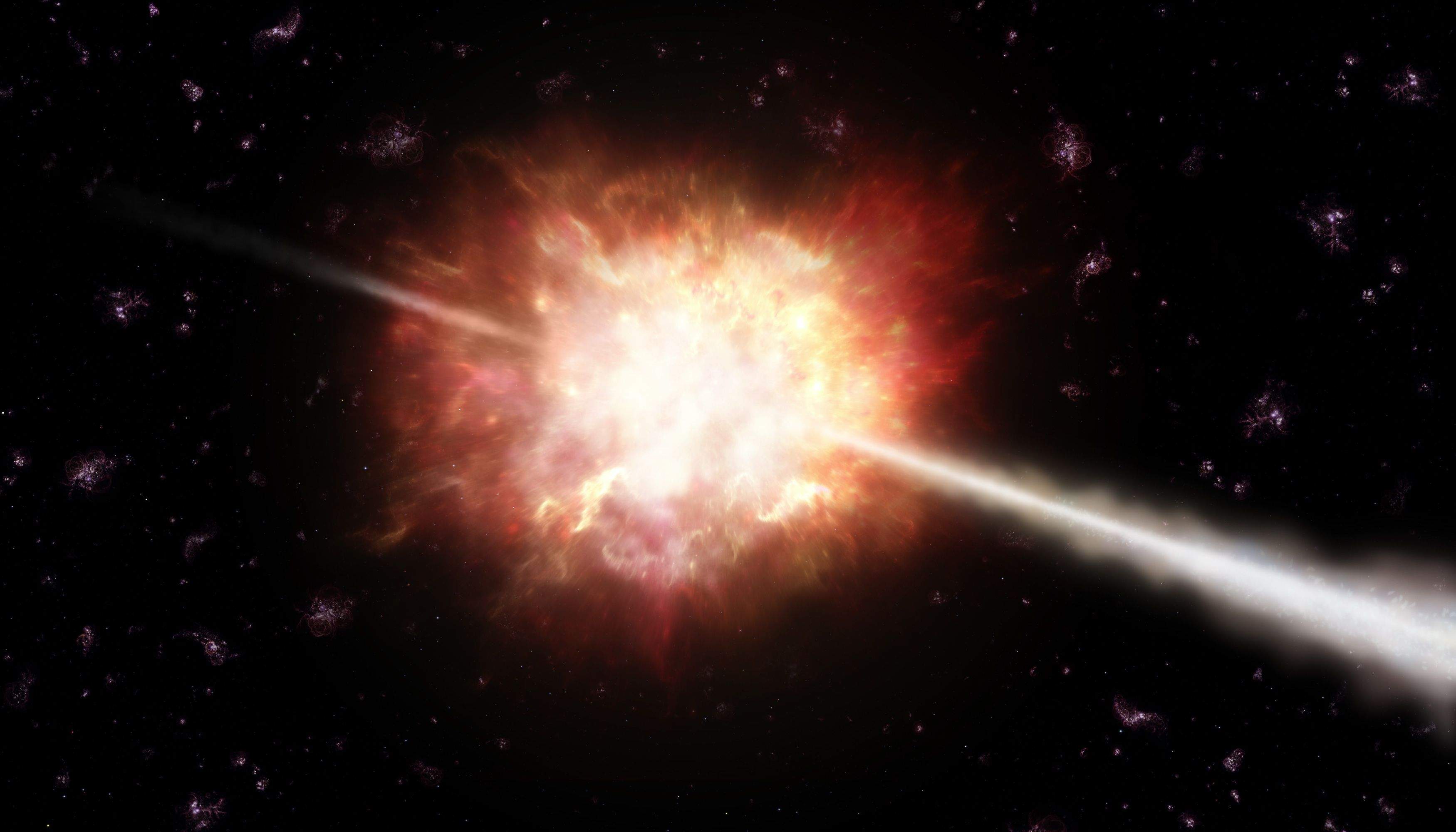 Una visió artistica d'un Gamma-Ray Burst amb el jet de fotons gamma passant a través de la carcassa de material romanent dels estels morts on s'hauria de forjar or i altres elements pesats- Crèdit: ESO/A. Roquette La portaveu del Sindicat, Rebeca Bonache.