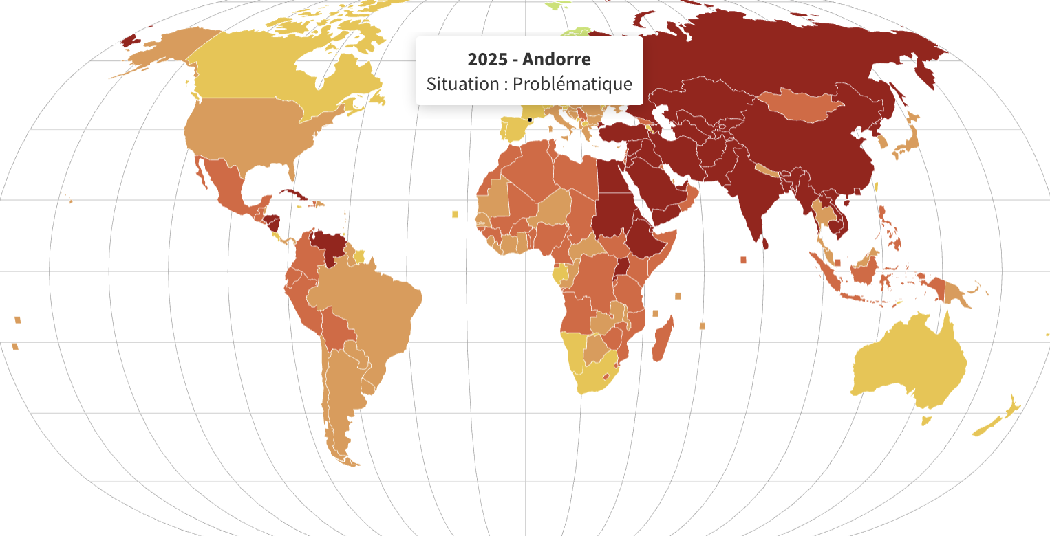 Mapa de Reporters Sense Fronteres on la situació d’Andorra és qualificada de “problemàtica”.