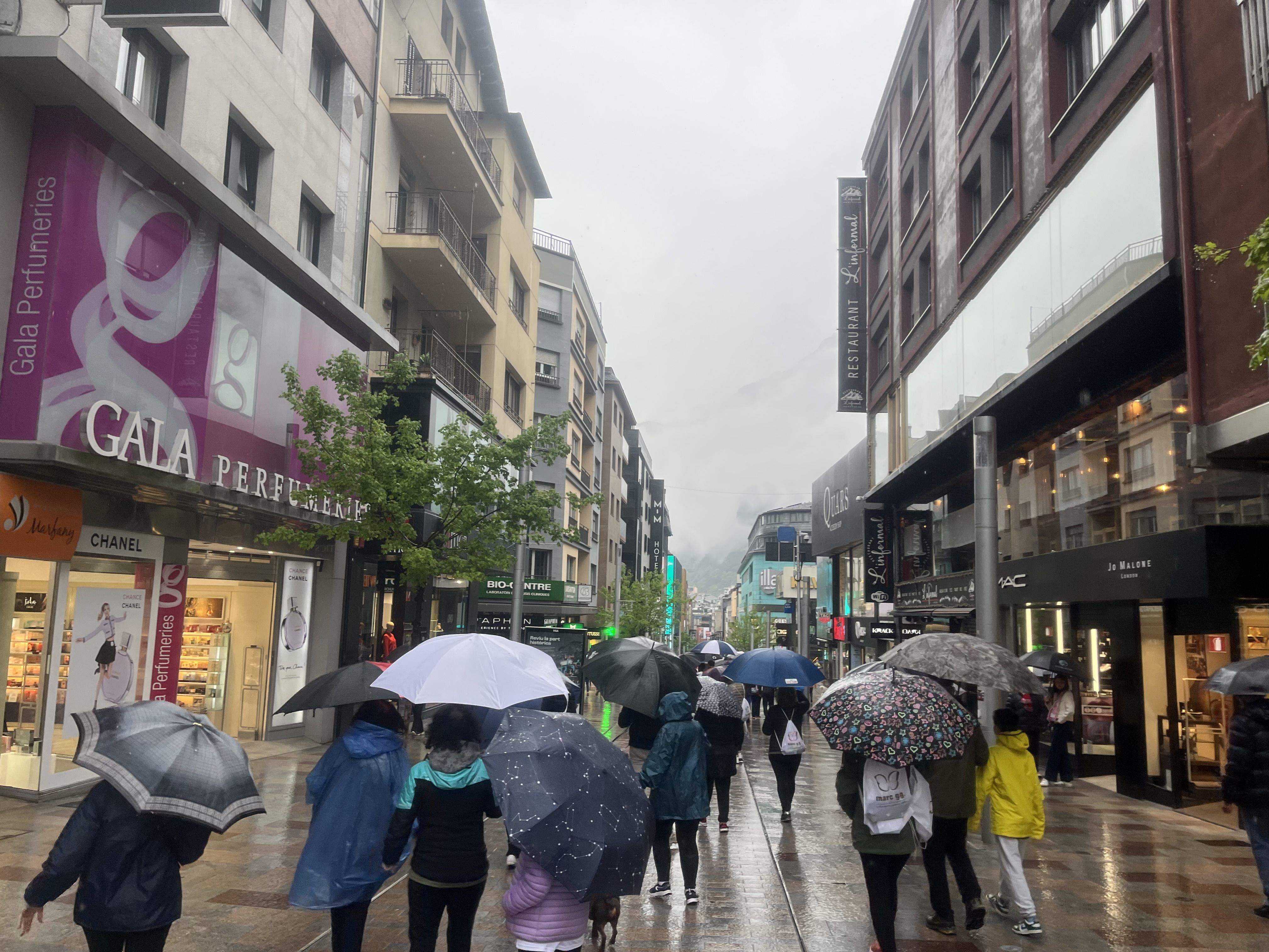 L'avinguda Carlemany plena de paraïgues dels participants en la marxa.