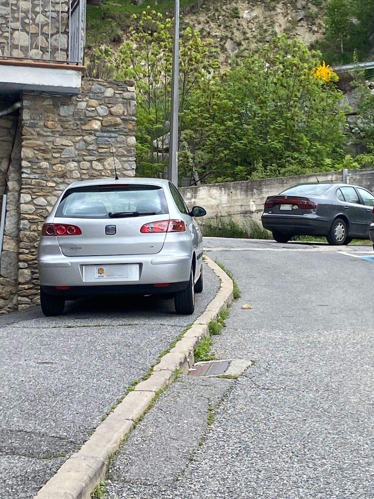 Un dels cotxes aparcats damunt de la vorera.