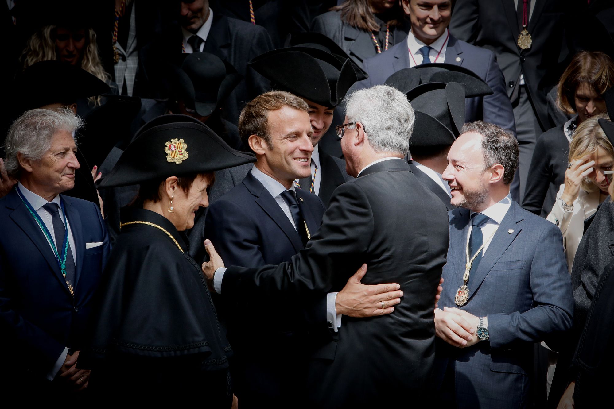 Roser Suñé, Emmanuel Macron, Joan-Enric Vives i Xavier Espot en la visita que va fer el polític francès a Andorra.