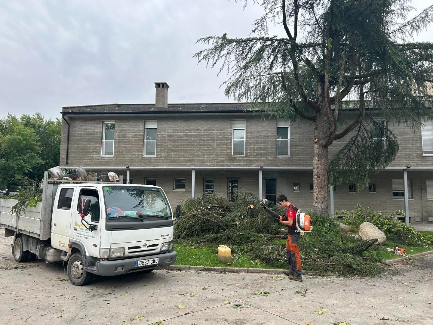 Un operari, amb la bufadora en una zona on han caigut arbres. Un operari, amb la bufadora en una zona on han caigut arbres.