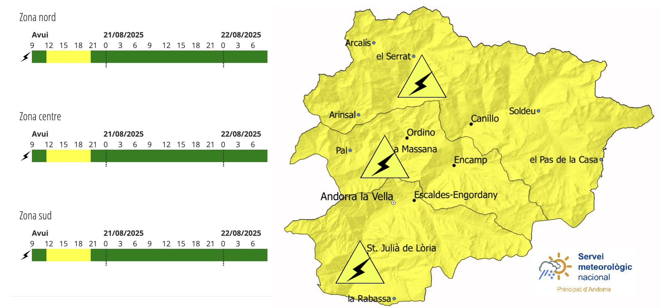 Mapa de l’avís groc activat pel SMN.
