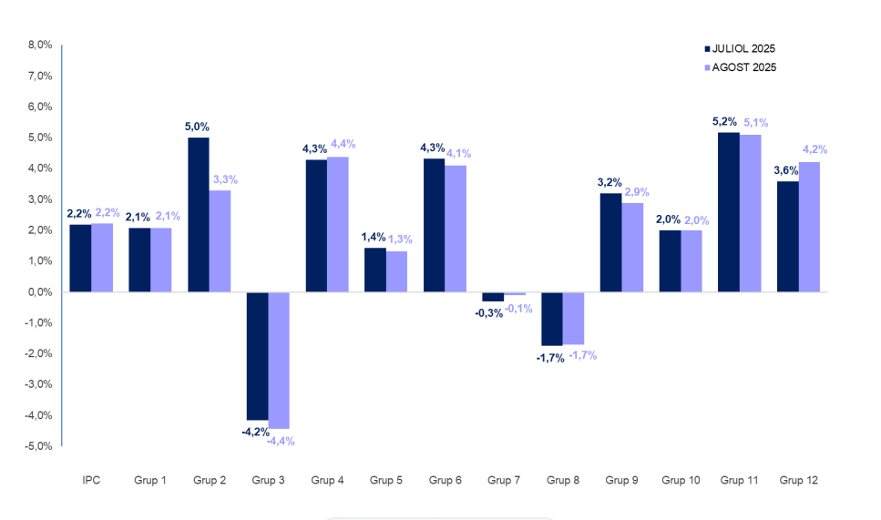 Gràfic de l'evolució anual dels preus. El grup 12 fa referència als béns i serveis diversos (assegurances), mentre que el grup 3 és vestit i calçat. Gràfic de l'evolució anual dels preus. El grup 12 fa referència als béns i serveis diversos (assegurances), mentre que el grup 3 és vestit i calçat.