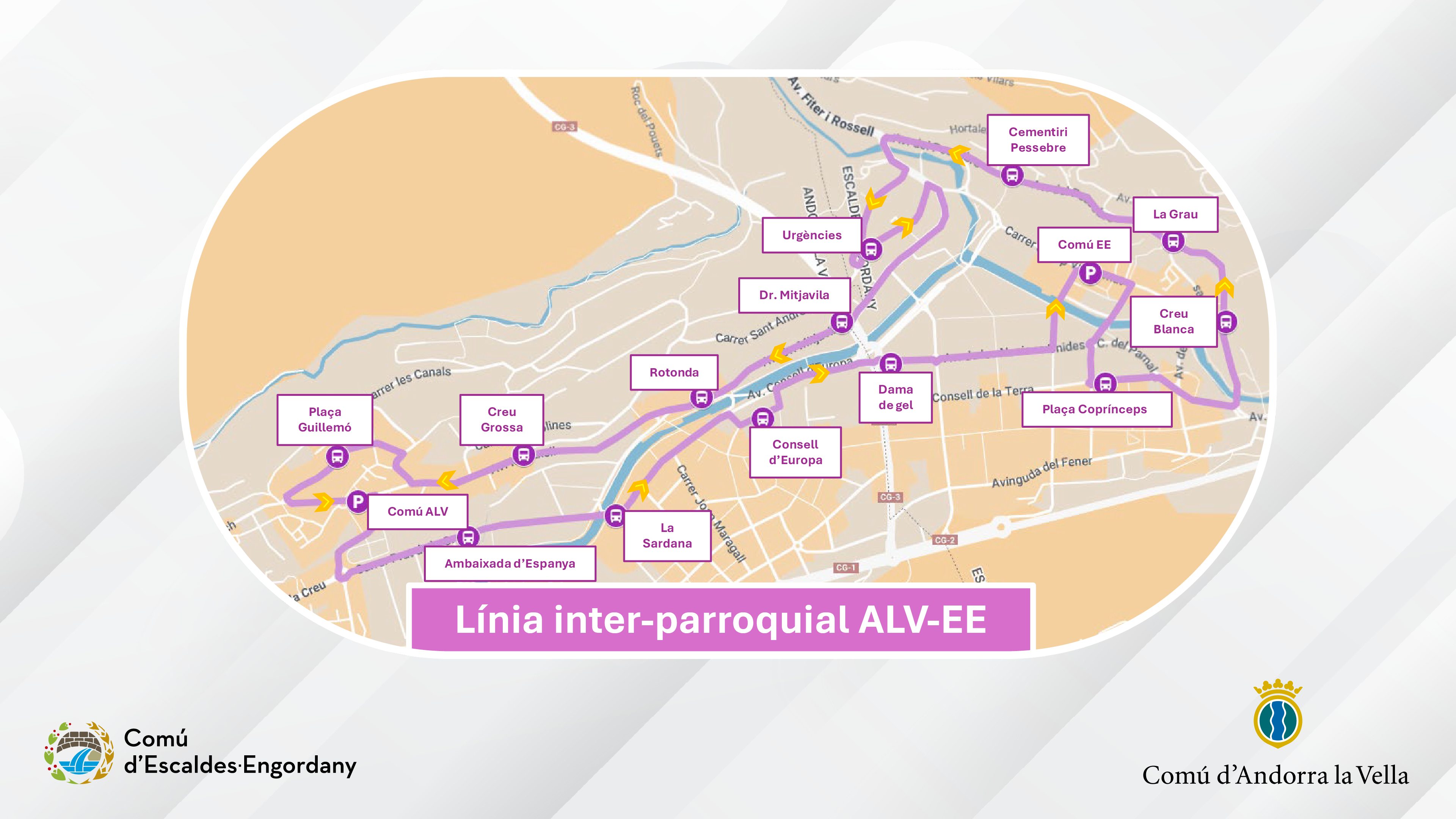 El mapa del nou servei de bus interparroquial entre Andorra la Vella i Escaldes-Engordany.