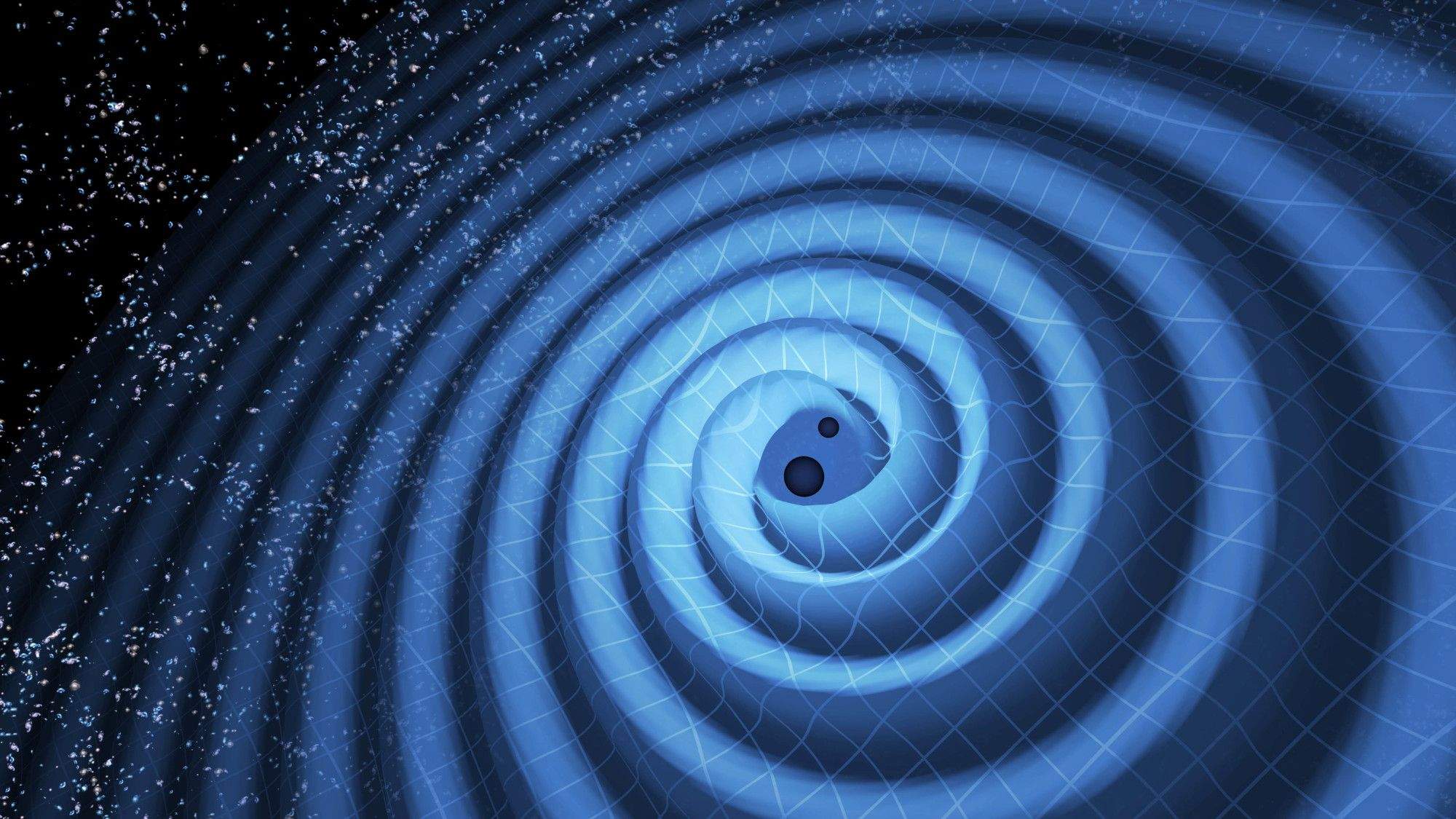 Representació artística de la fusió de dos forats negres i les ones gravitacionals que produeixen - Crèdit: LIGO/T. Pyle La portaveu del Sindicat, Rebeca Bonache.