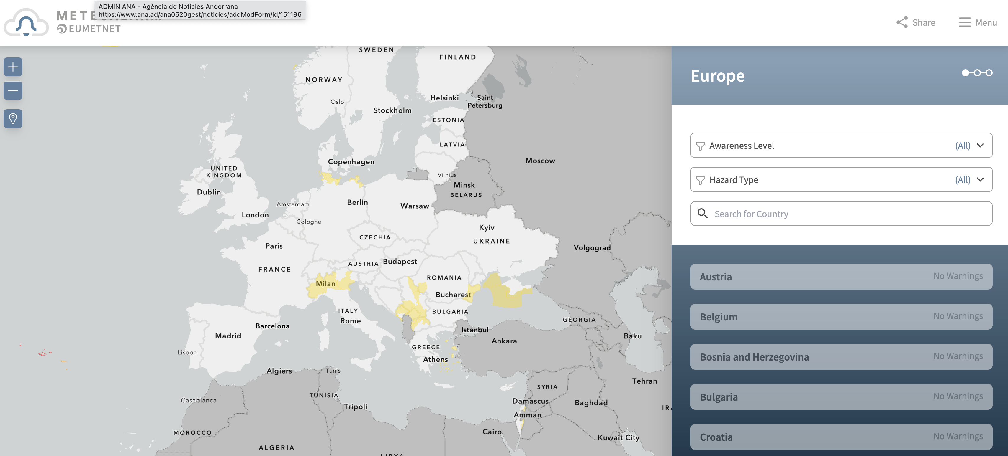 Imatge de la pàgina web del programa ‘meteoalarm’.