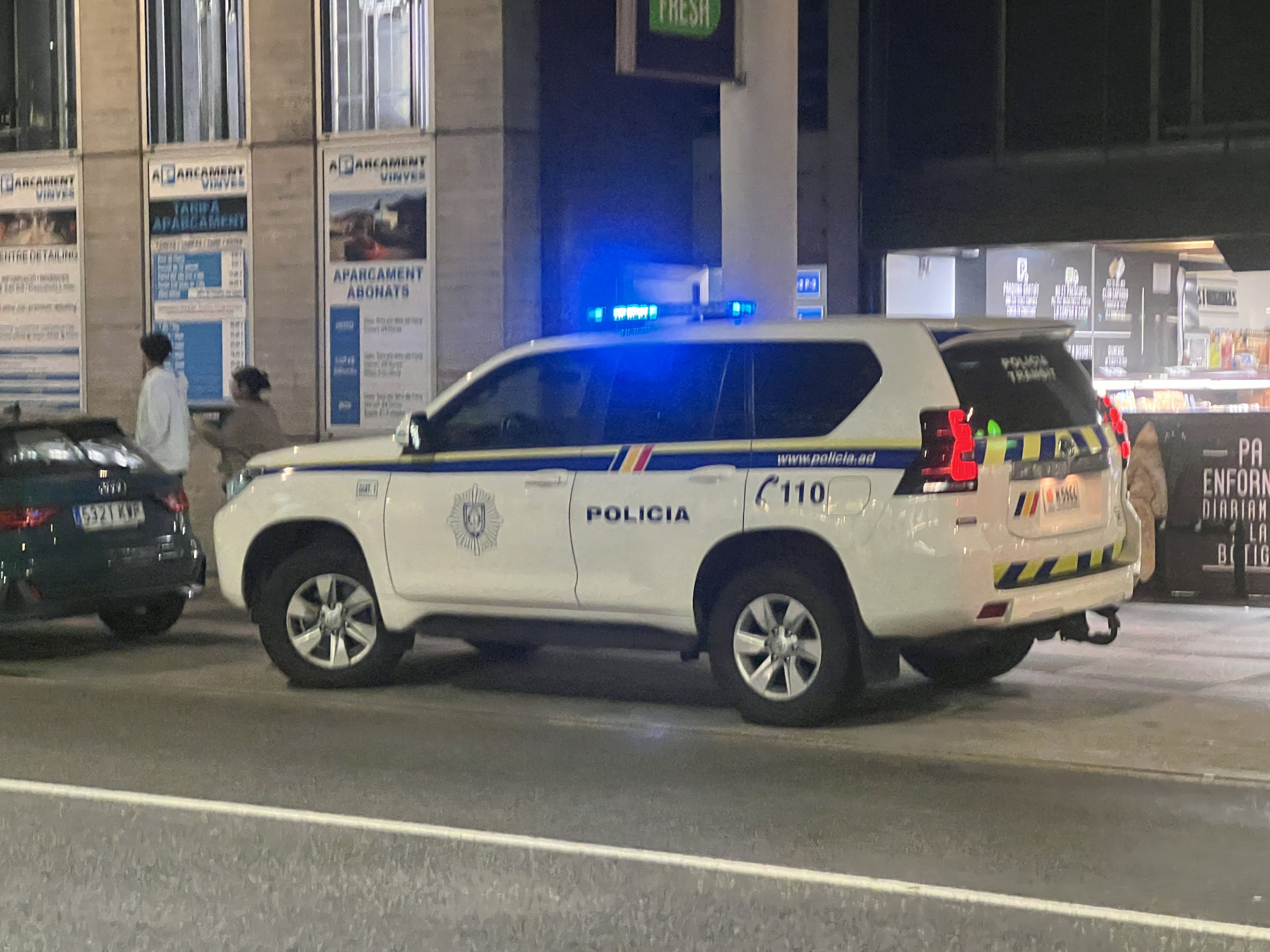 Un dels cotxes policials, estacionats en les immediacions d'aparcaments verticals de Prat de la Creu, que dissabte va intervenir en control de menors.