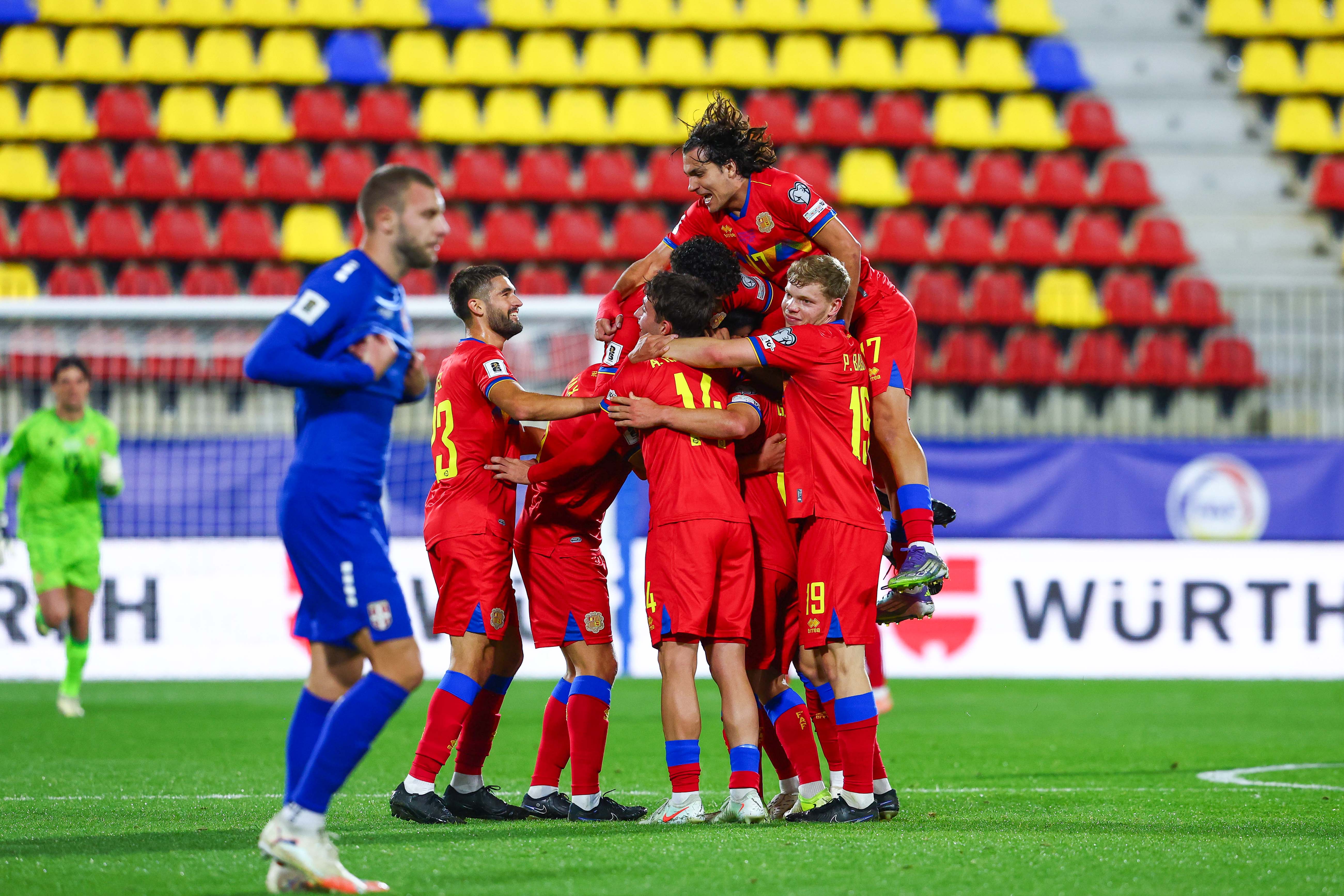 Celebració del gol de Guillaume Lopez que ha avançat Andorra. Celebració del gol de Guillaume Lopez que ha avançat Andorra.