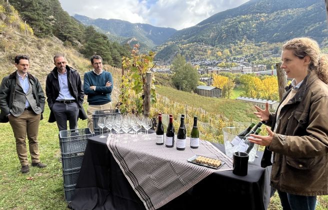 Els ministres Guillem Casal i Jordi Torres durant la presentació de la verema al celler Casus Belli.