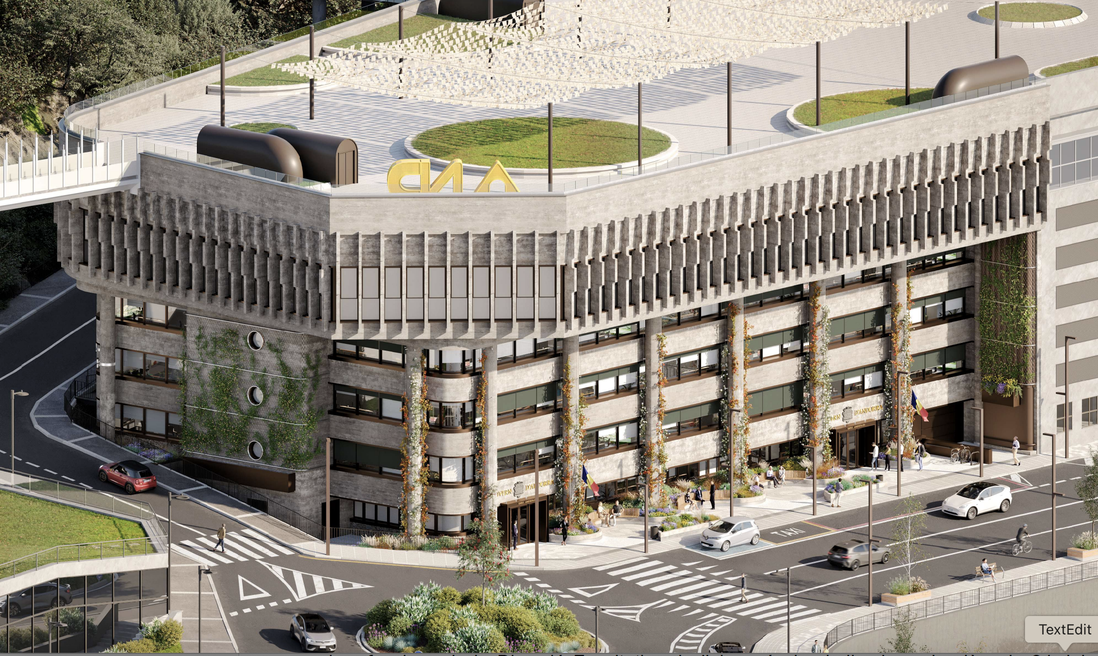 Representació de com quedarà l'edifici amb l'enjardinament exterior.