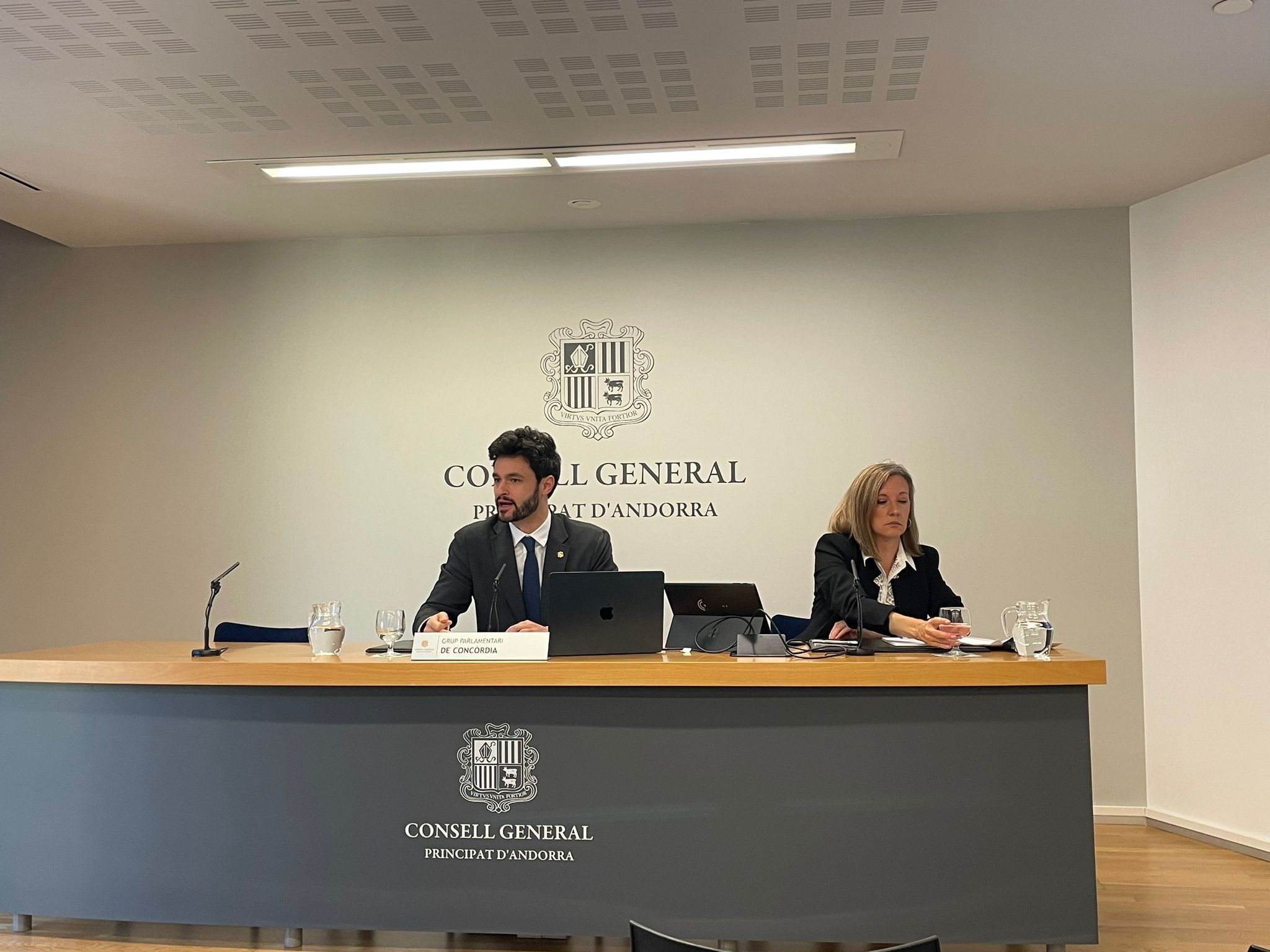 Escalé i Aché durant la roda de premsa al Consell General. Escalé i Aché durant la roda de premsa al Consell General.