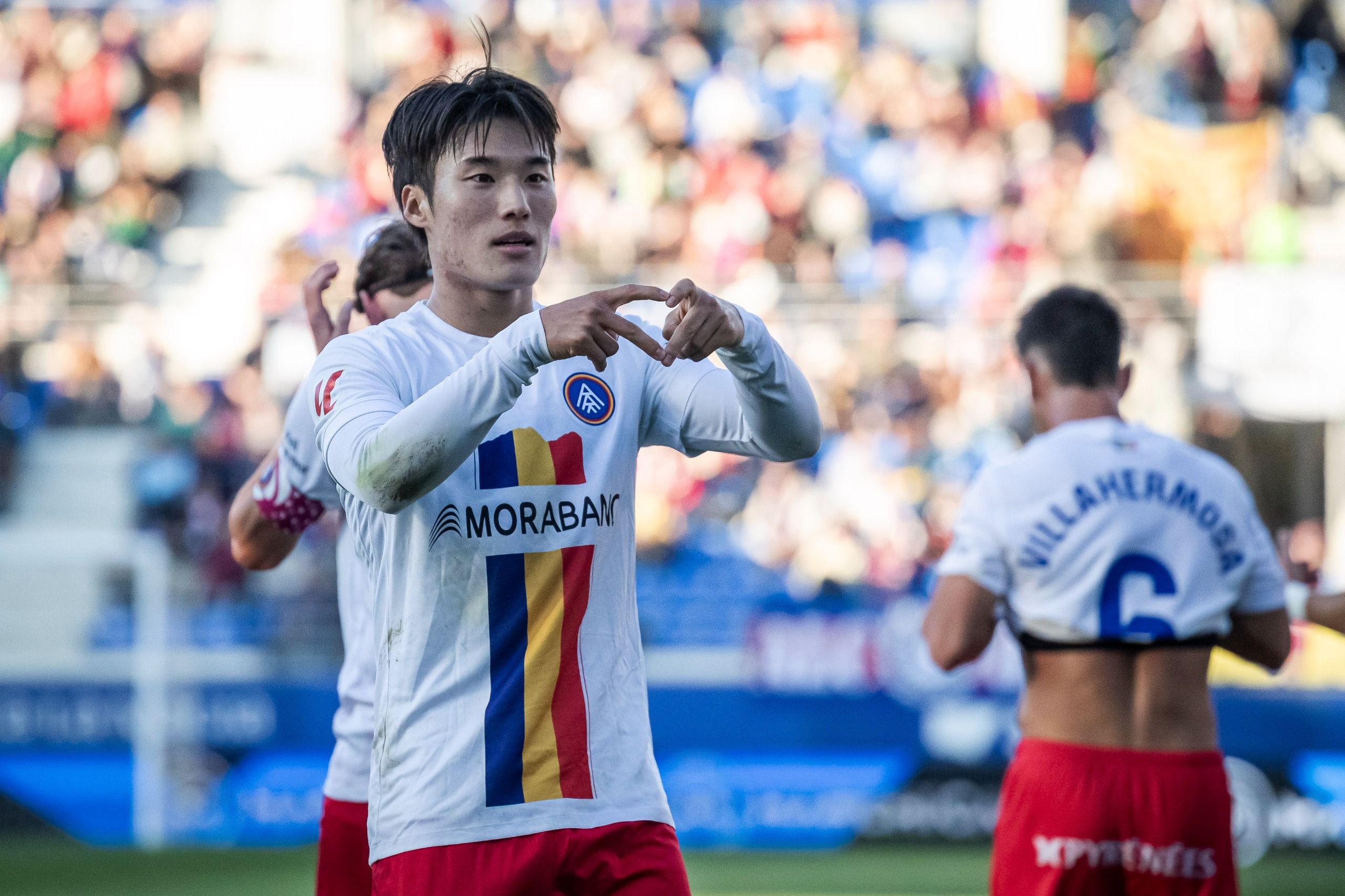 Minsu, celebrant la primera diana de l'FC Andorra. Minsu, celebrant la primera diana de l'FC Andorra.