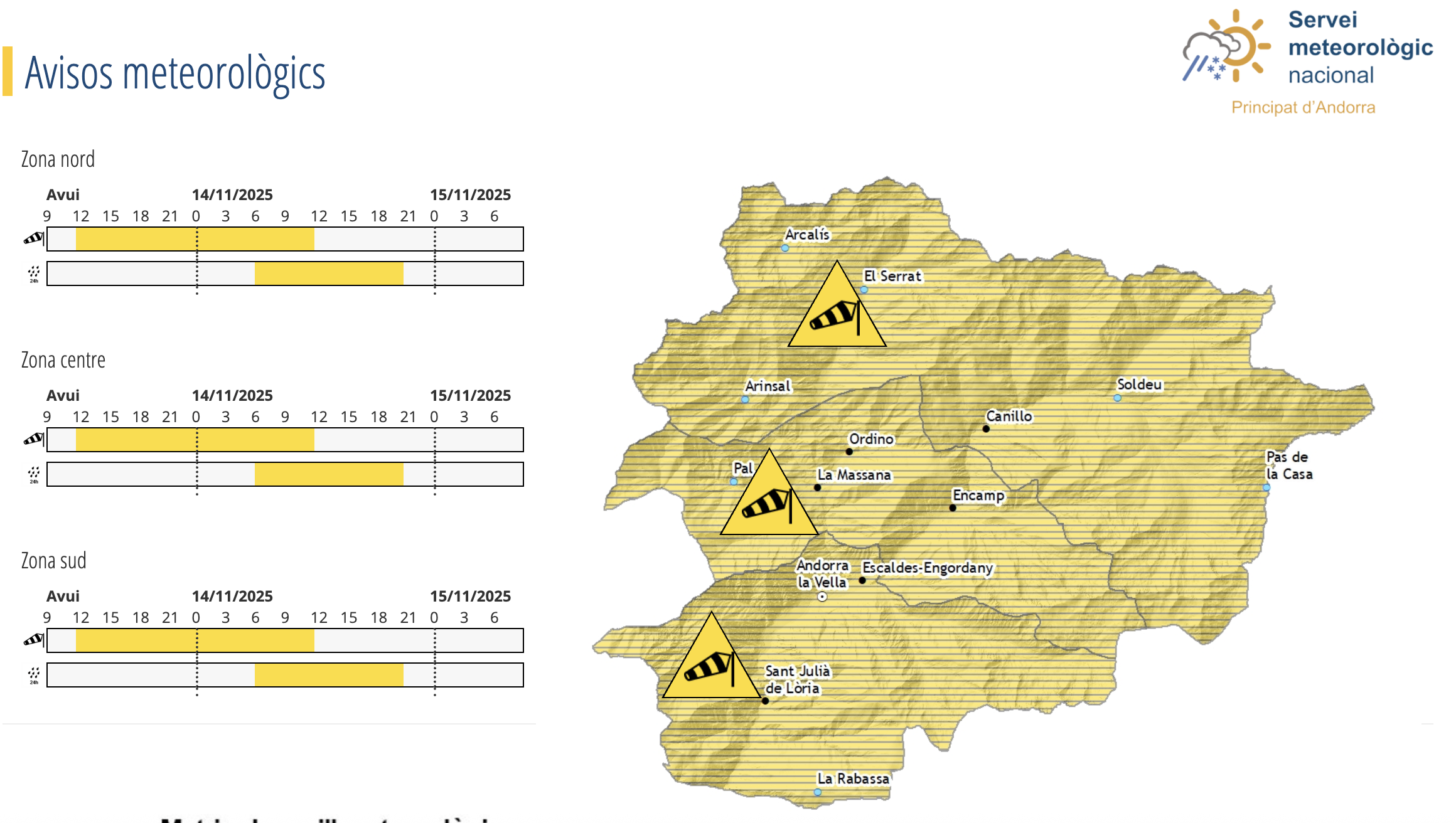 El mapa de l'avís groc per vent.