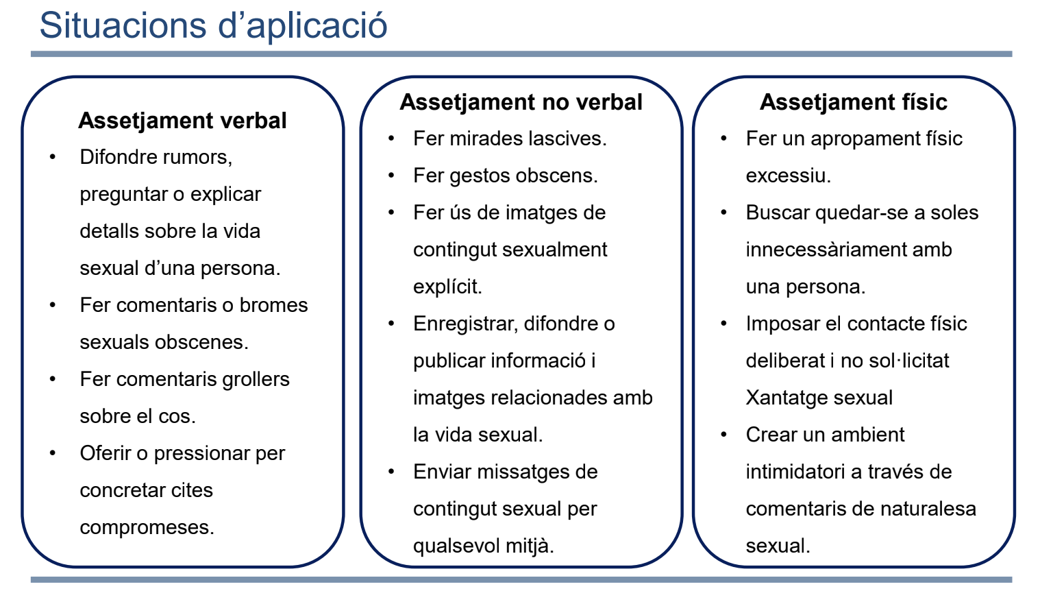 Situacions d'actuació del protocol contra l’assetjament sexual del Govern.