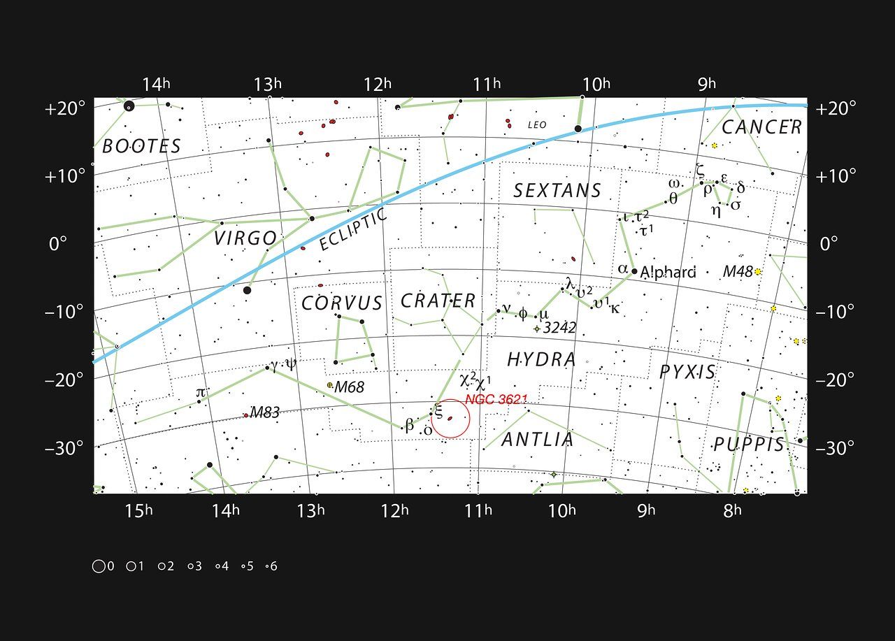 Ubicació de la galàxia NGC 3621 dins de la constel·lació d'Hidra - Crèdit: ESO, IAU and Sky & Telescope La portaveu del Sindicat, Rebeca Bonache.