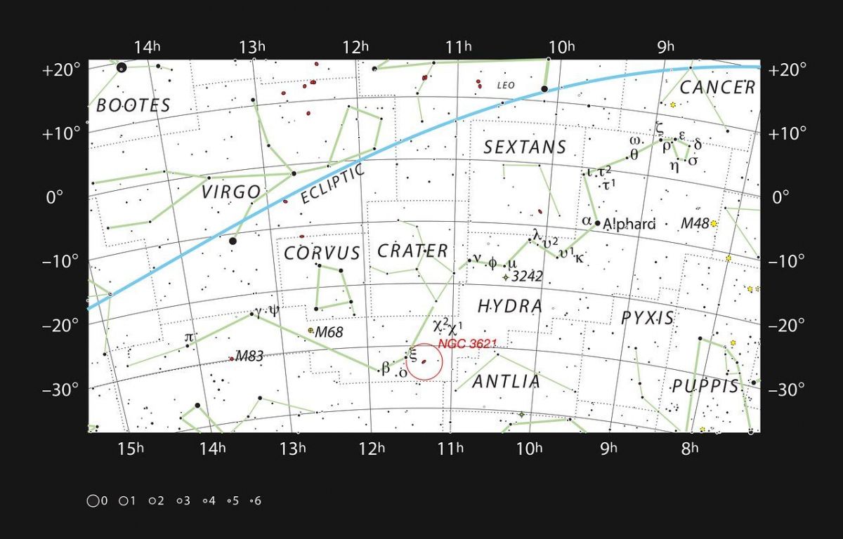 Ubicació de la galàxia NGC 3621 dins de la constel·lació d'Hidra - Crèdit: ESO, IAU and Sky & Telescope Ubicació de la galàxia NGC 3621 dins de la constel·lació d'Hidra - Crèdit: ESO, IAU and Sky & Telescope