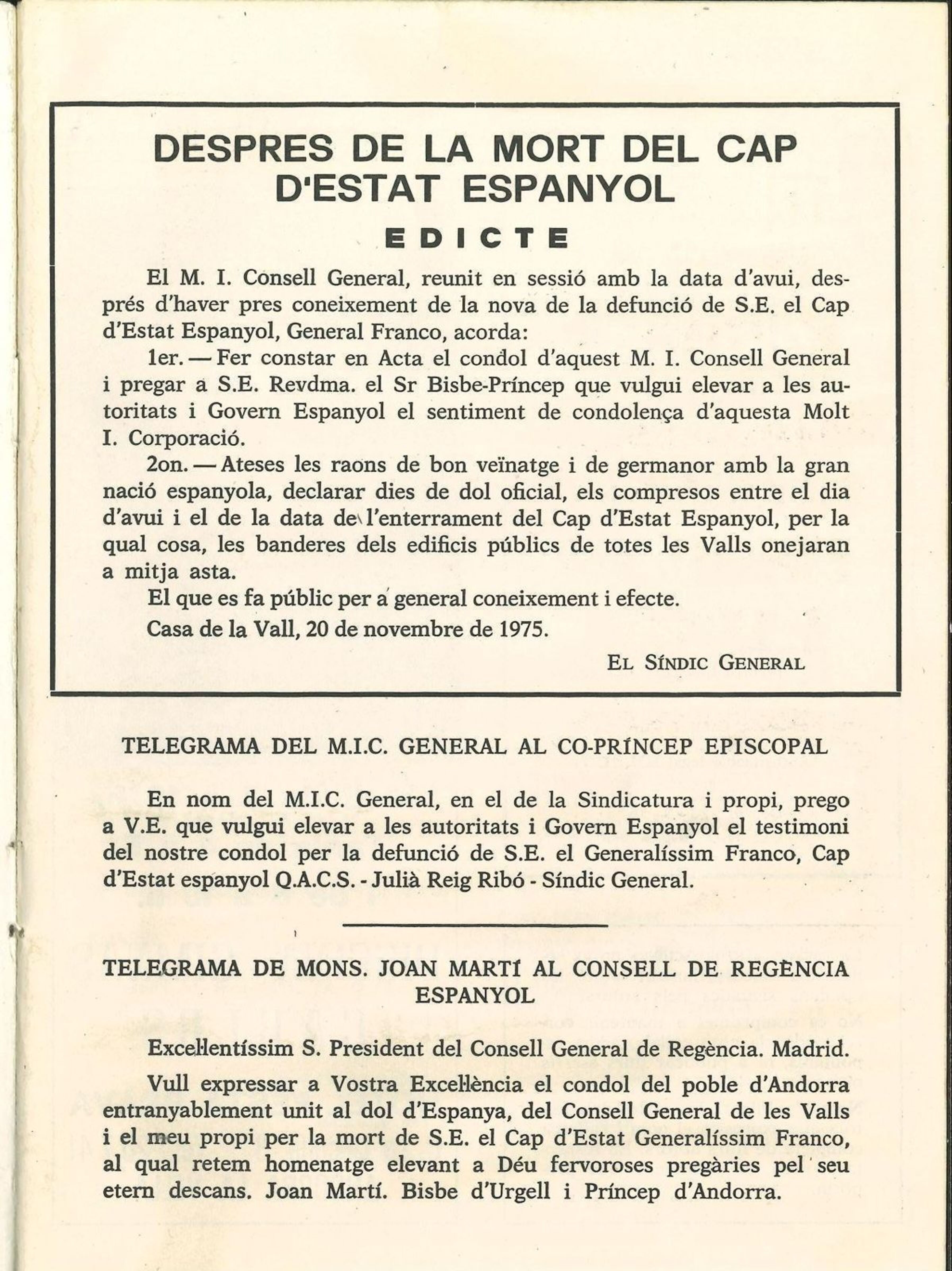 Edictes i telegrames arran de la mort de Franco.