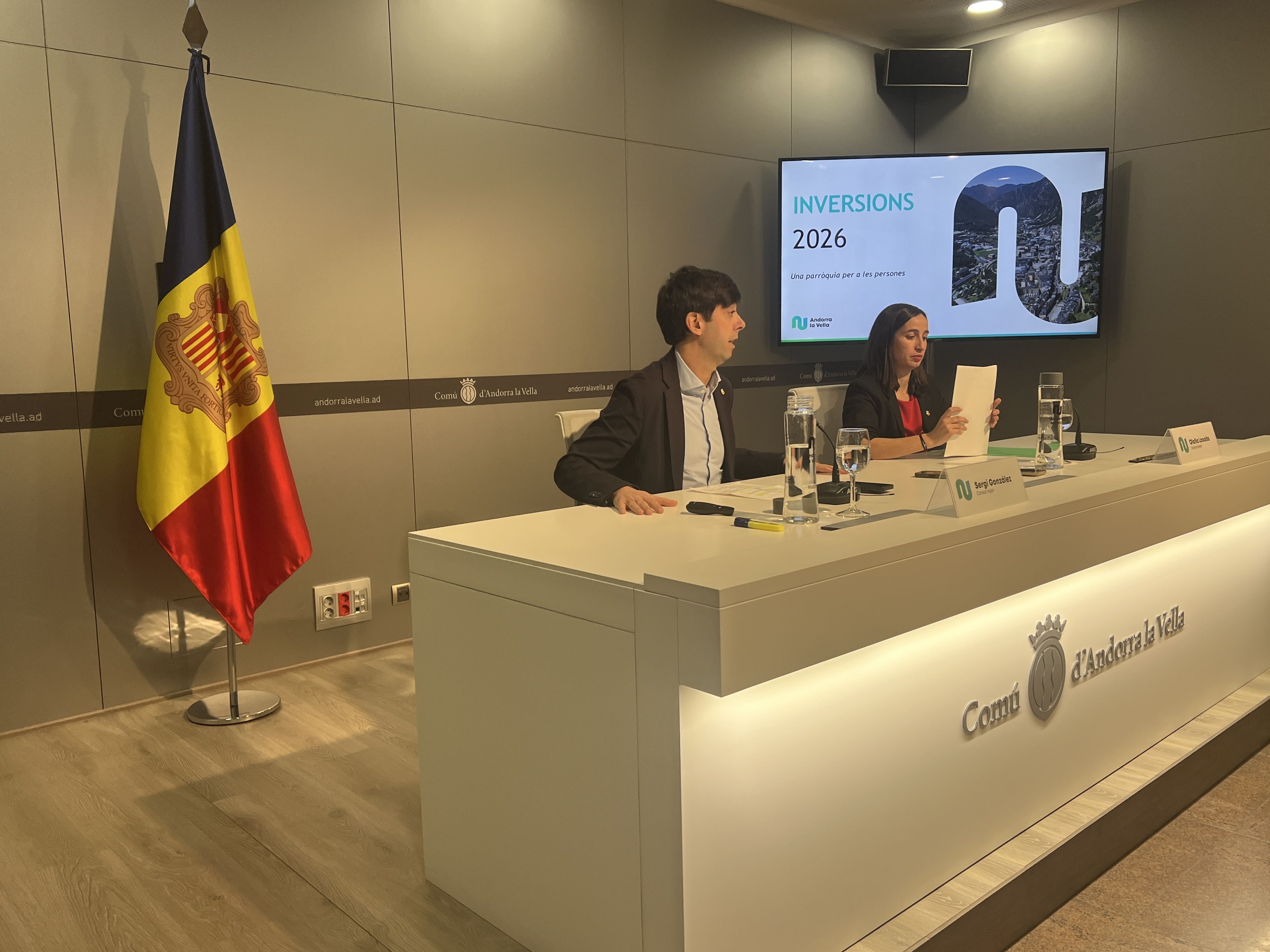 Sergi González i Olalla Losada durant la compareixença d'aquesta tarda.