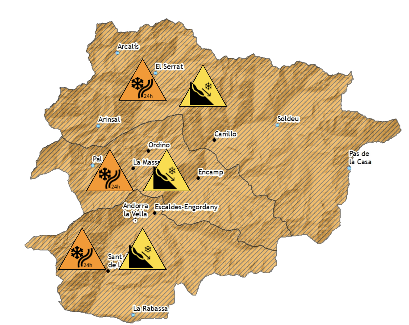 El mapa per l'avís taronja que s'ha emès aquest diumenge a la tarda.