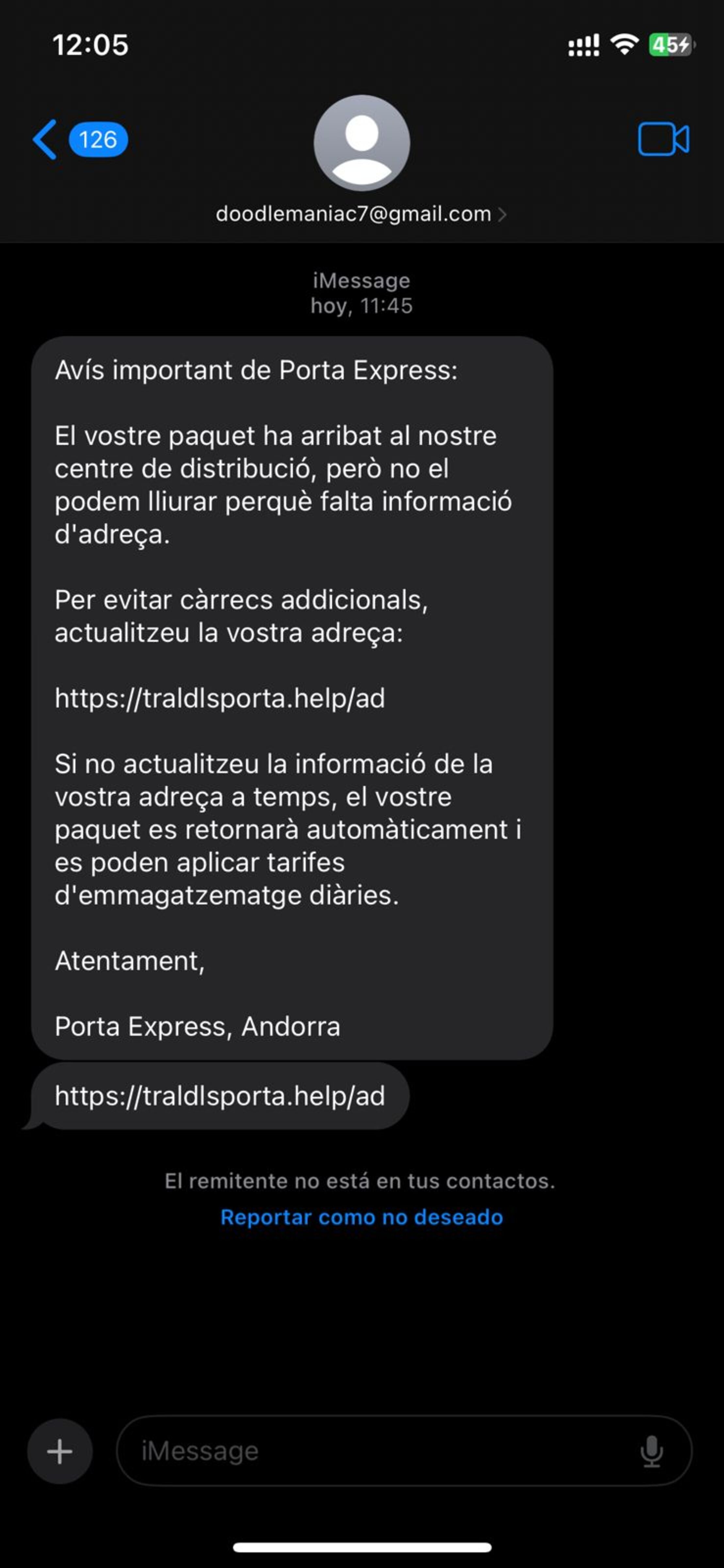 Un dels missatges fraudulents que estan circulant.