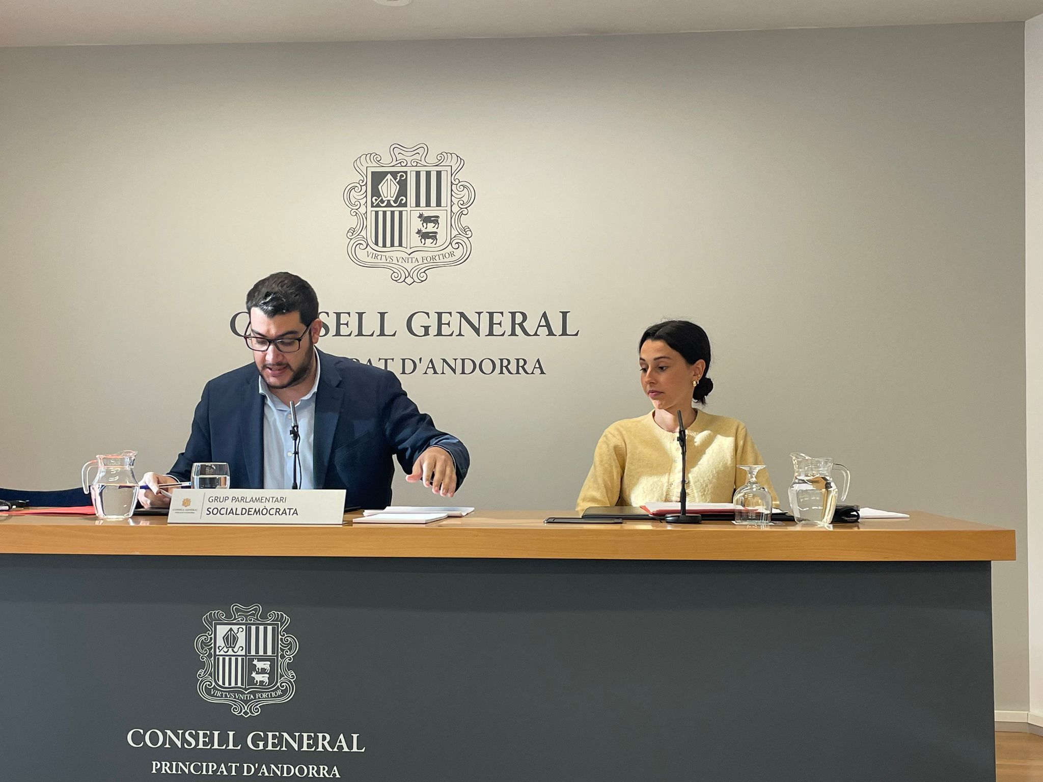 Pere Baró i Laia Moliné a la sala de premsa del Consell General. Pere Baró i Laia Moliné a la sala de premsa del Consell General.