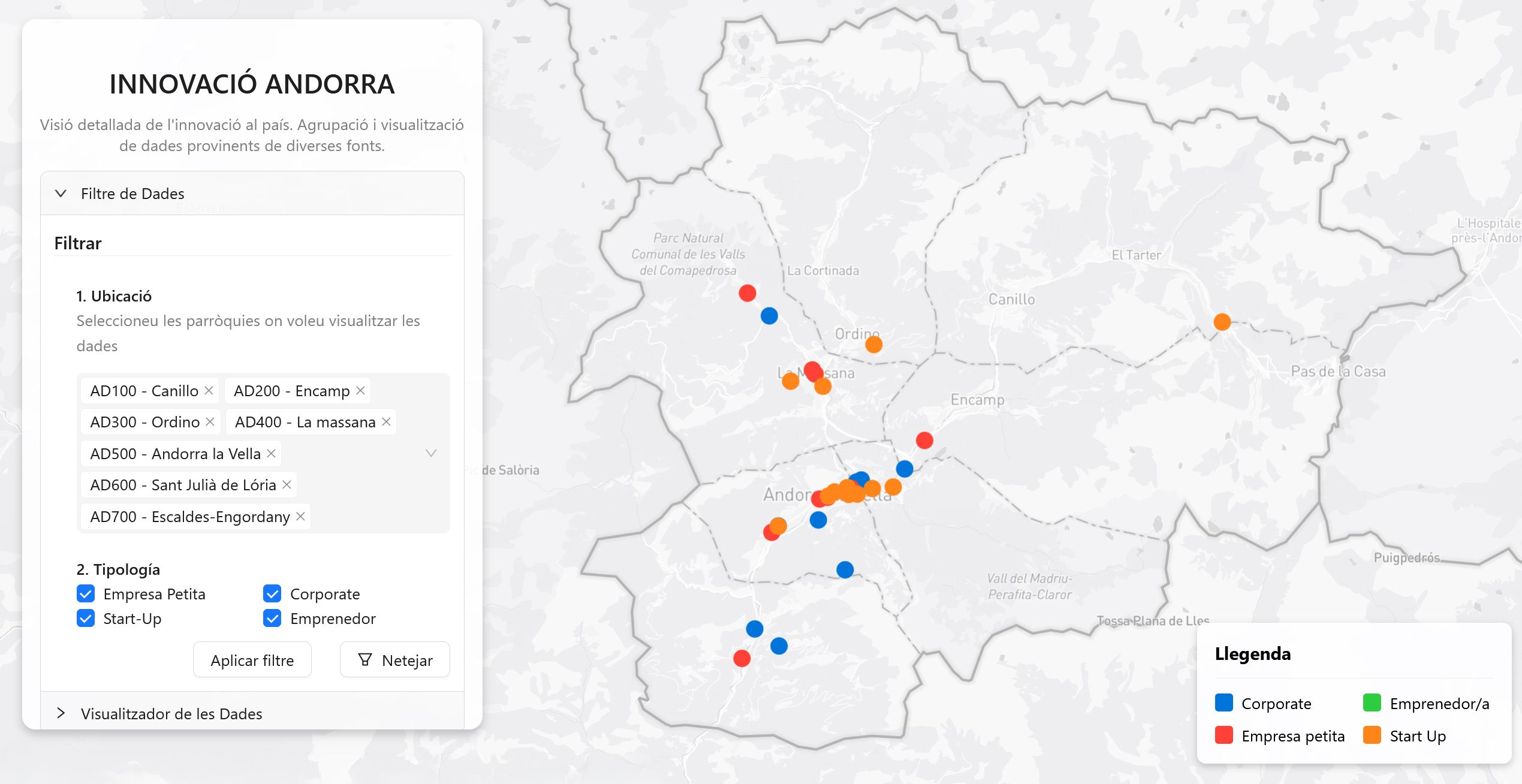 Una imatge del mapa interactiu amb les empreses innovadores d’Andorra.