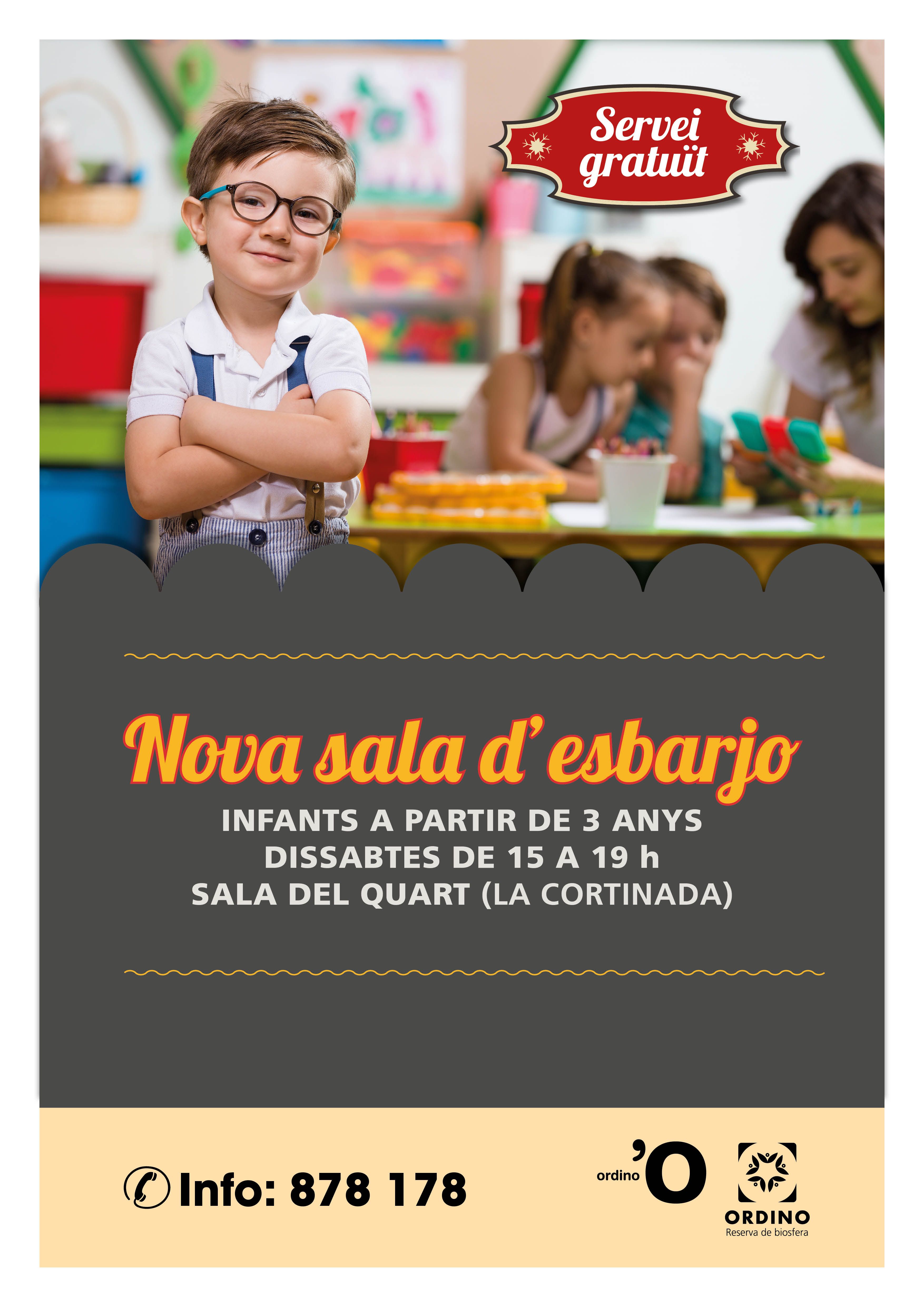 Cartell de l'obertura de la nova sala d'esbarjo de la Cortinada.