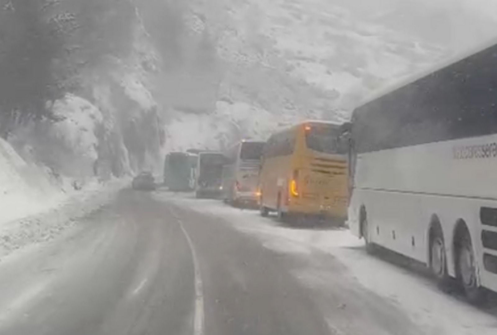Autocars encallats a la neu el passat dimarts.