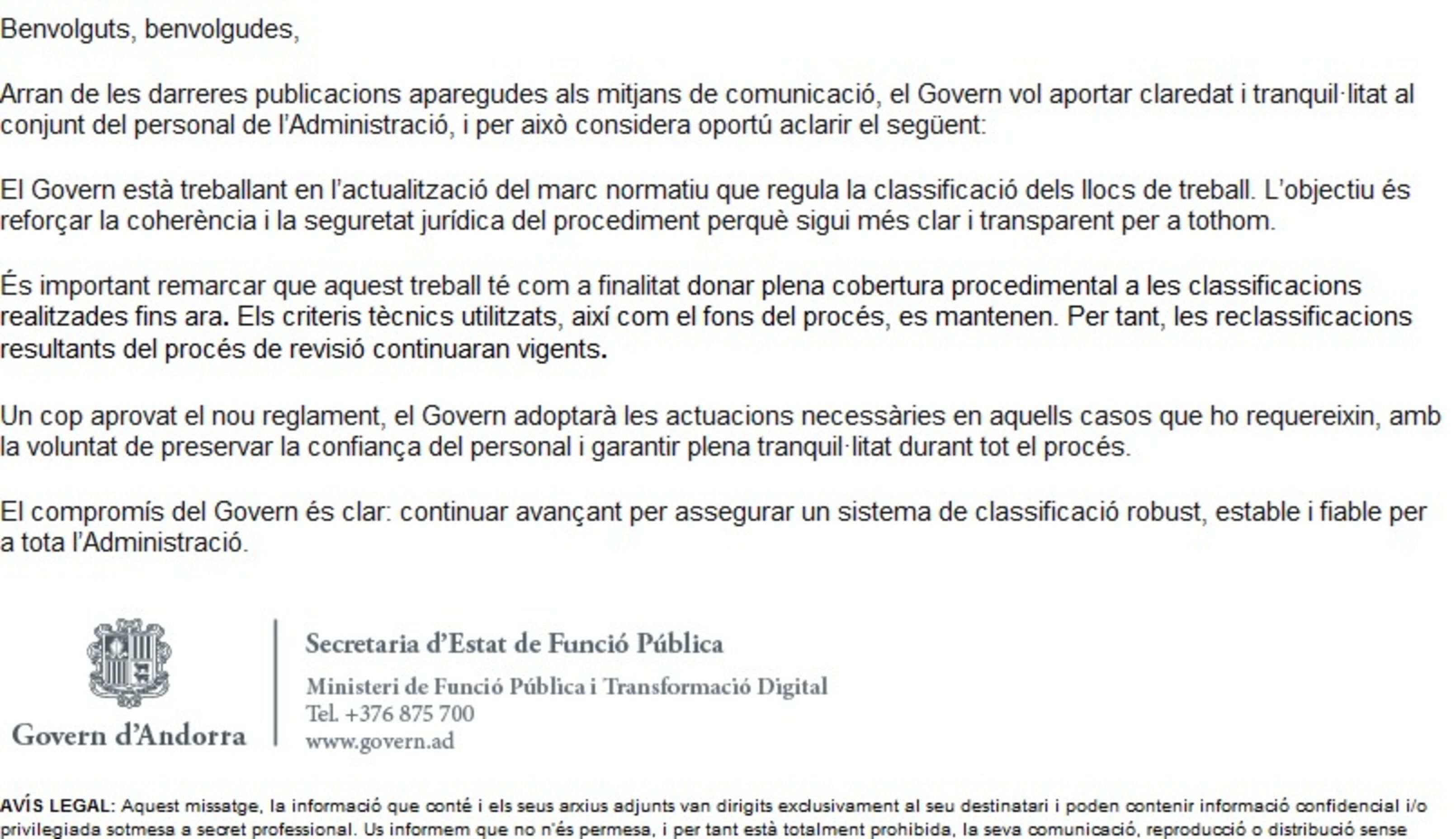 La comunicació enviada als funcionaris.