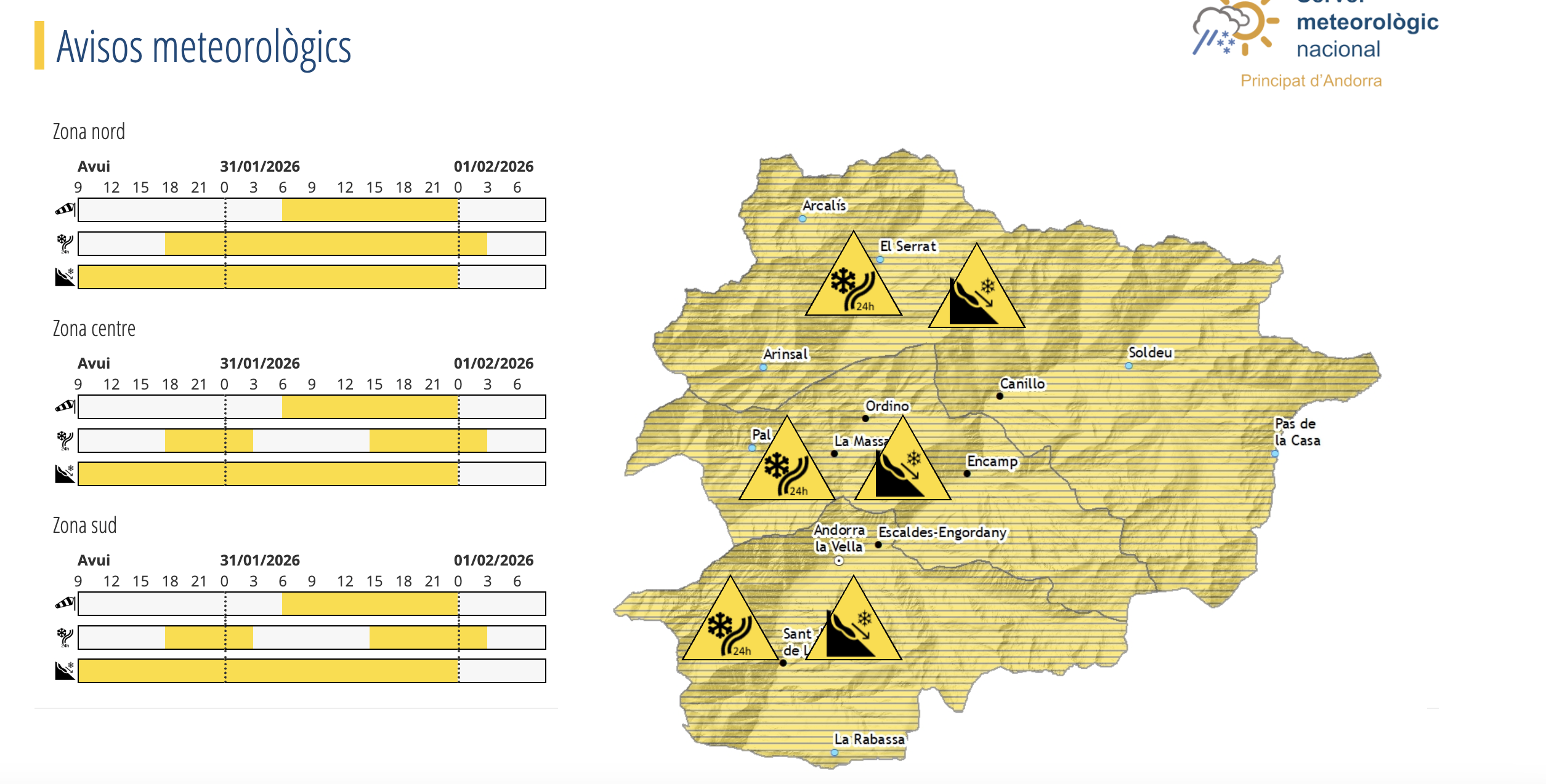 El mapa d'avisos del servei de meteorologia per aquest divendres i dissabte. El mapa d'avisos del servei de meteorologia per aquest divendres i dissabte.