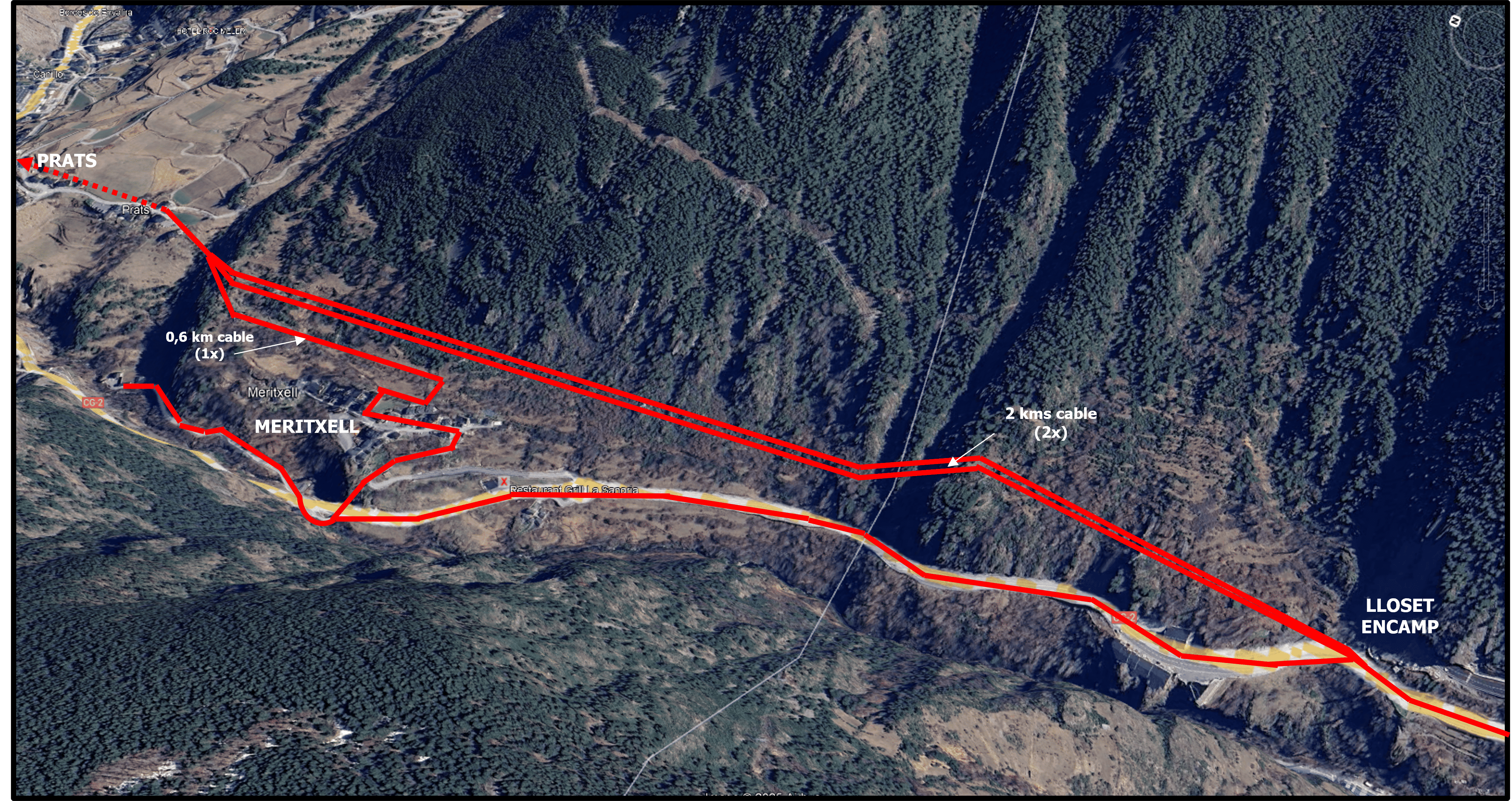 plànols amb l’antiga i la nova línia soterrada de mitjana tensió entre Lloset d’Encamp i Prats.