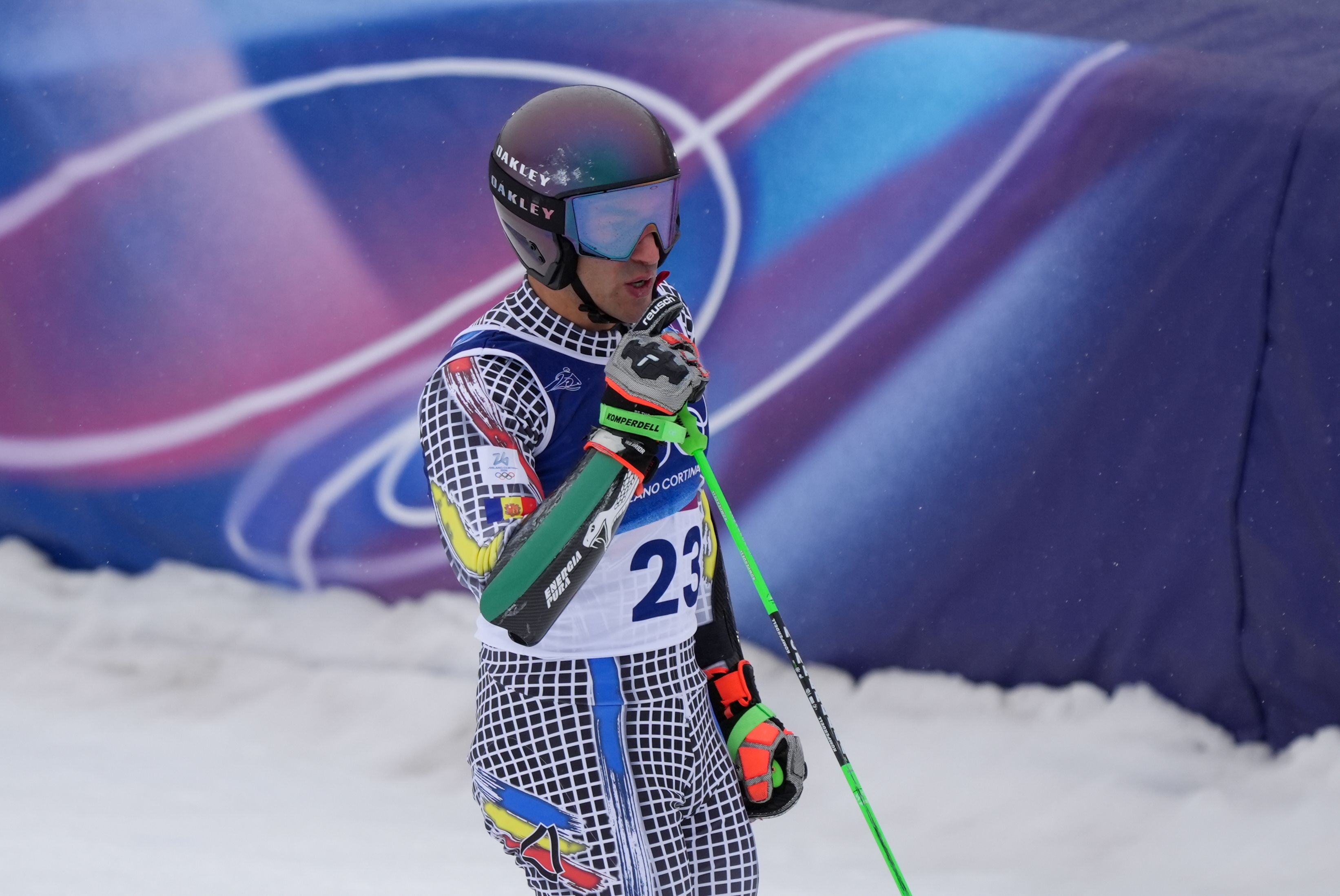 Joan Verdú, a l'arribada de la segona mànega del gegant olímpic a Bormio.
